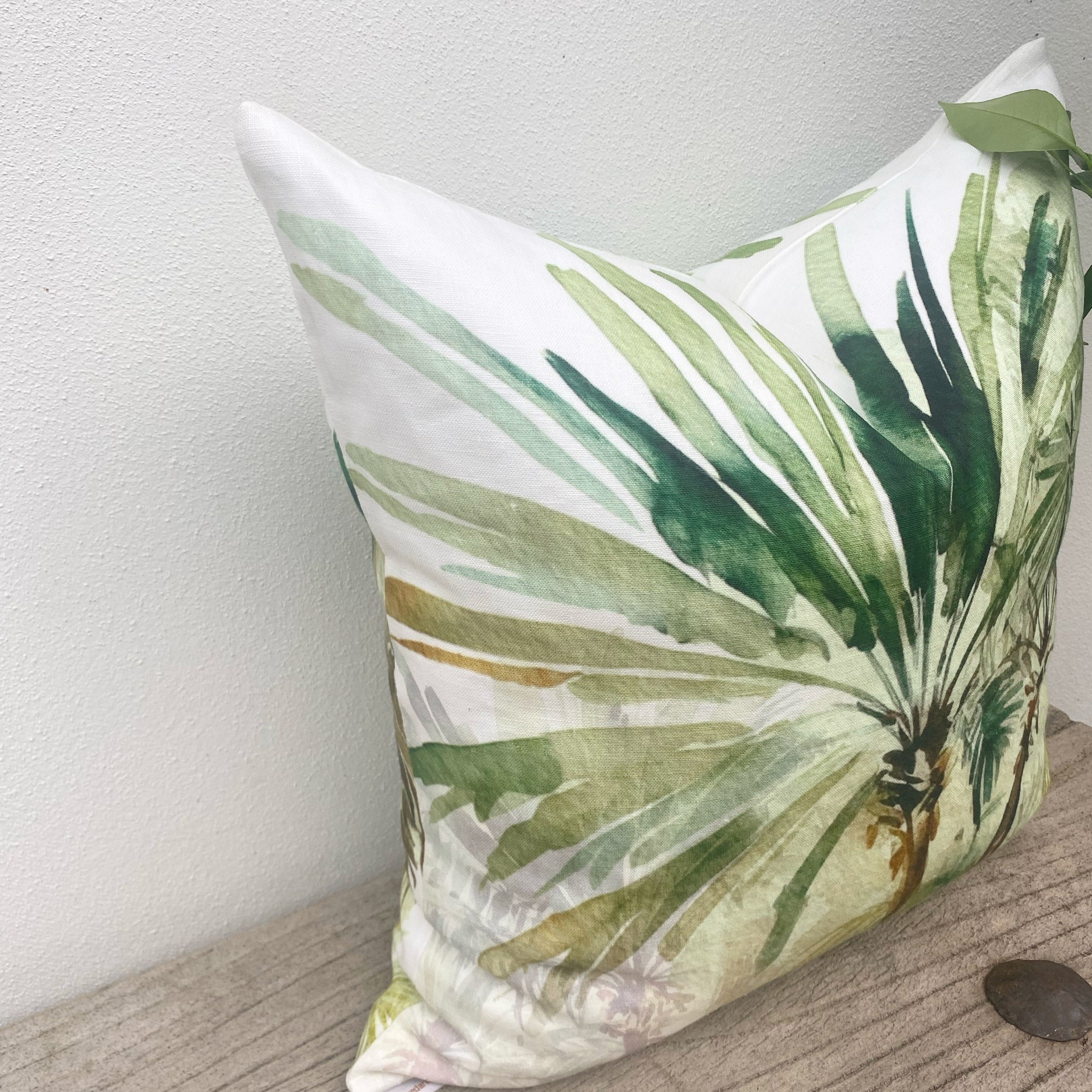 Set of 3 Green Linen Tropical Palm Cushion Covers| Bahamas