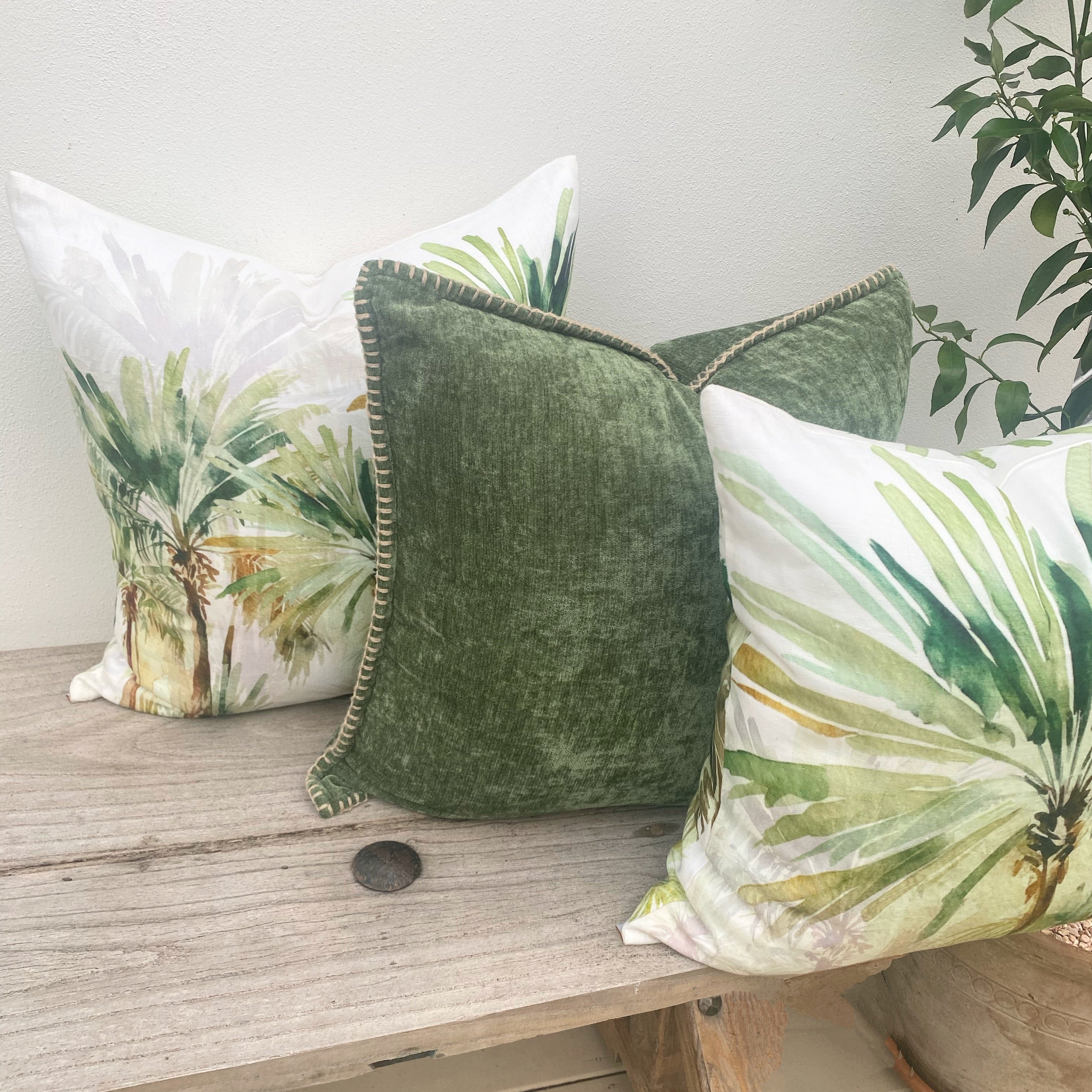 Set of 3 Green Linen Tropical Palm Cushion Covers| Bahamas