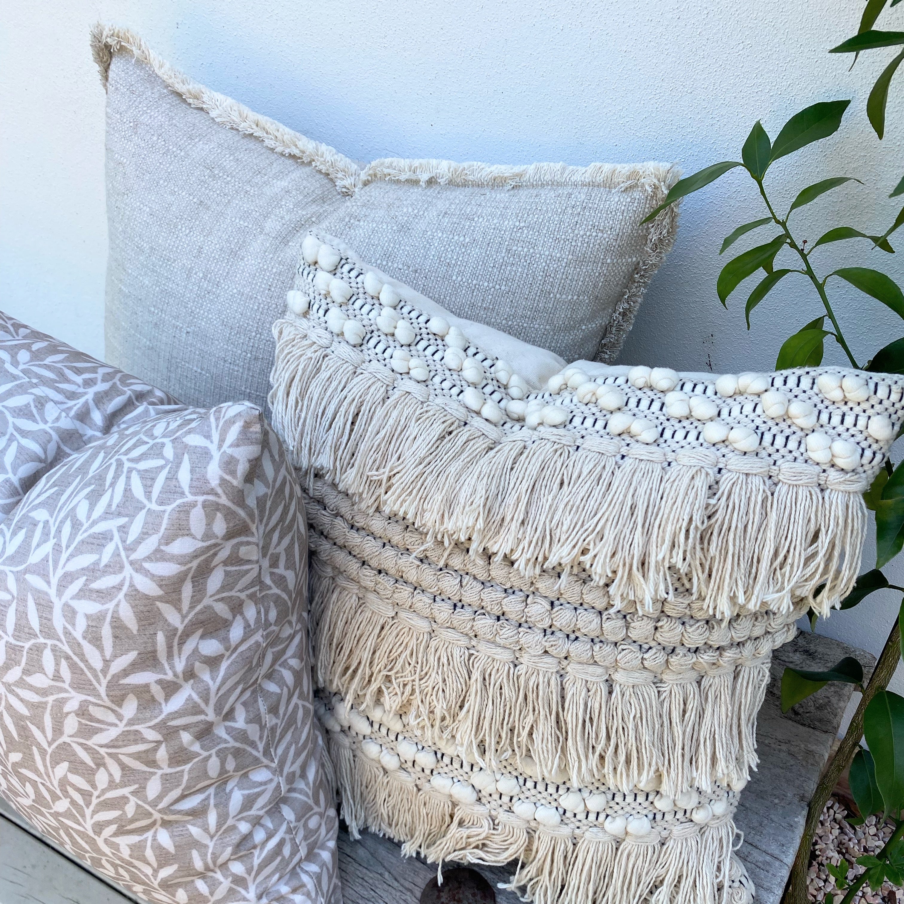 Set of 3 Green Natural Cushion Covers | Saba Fringed Whispering Vine