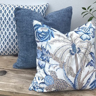 Set of 3 Blue and White Patterned Tropical Cushions