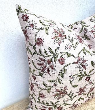 50x50 Ruby and Green Floral Vine Block Printed Cushion