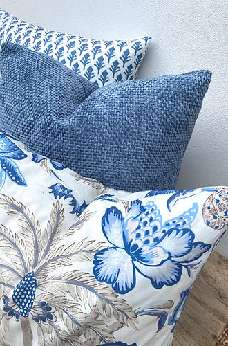 Set of 3 Blue and White Patterned Palmtree Cushions