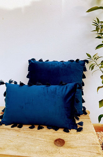 Rectangle Elegant Navy Blue Velvet Suede Cushions in Australia | Tassel Fringe