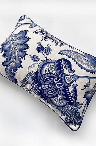 30cm x 50cm Rectangle Hamptons Style Blue and White Jacobean Floral Cushion