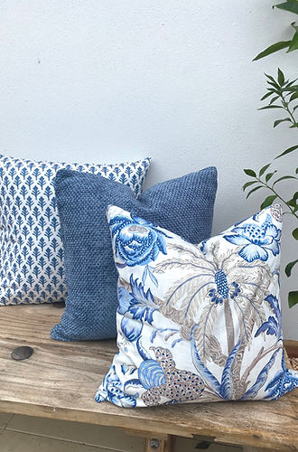 Set of 3 Coastal Blue Patterned and Tropical Palm Tree Cushion Covers