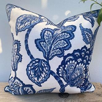 45cm Hamptons Blue and White Jacobean Floral Cushion