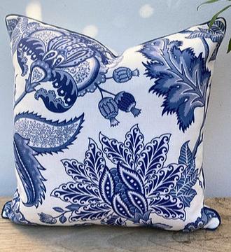 45cm Hamptons Style Blue and White Jacobean Floral Cushion