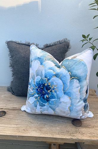 Set of 2 Grey and Blue Floral Cushions