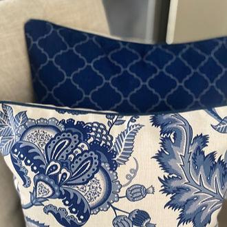 Hamptons Style Blue and White Jacobean Floral Cushion