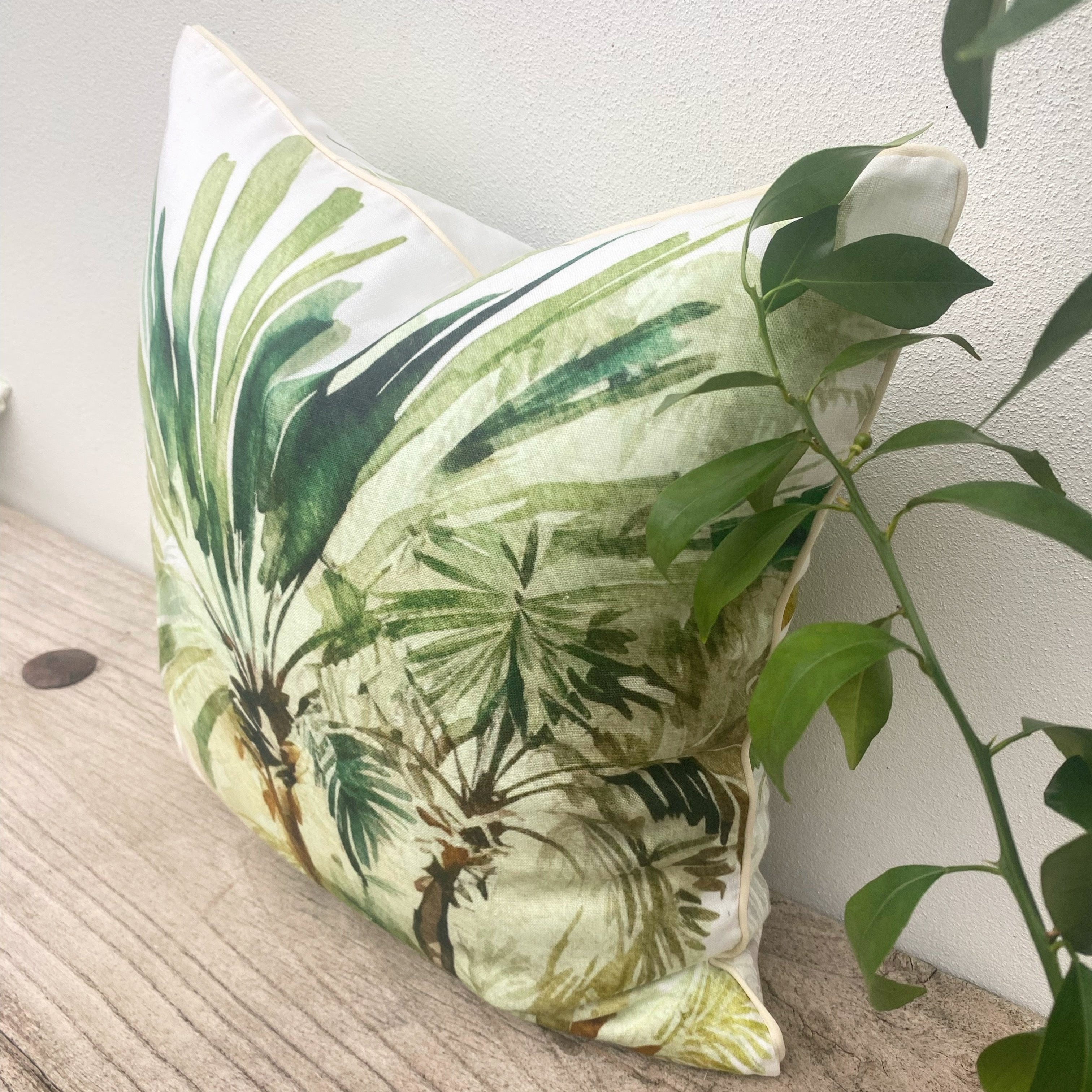 45 x 45 cm Watercolour Green Linen  Palmtree Cushion 