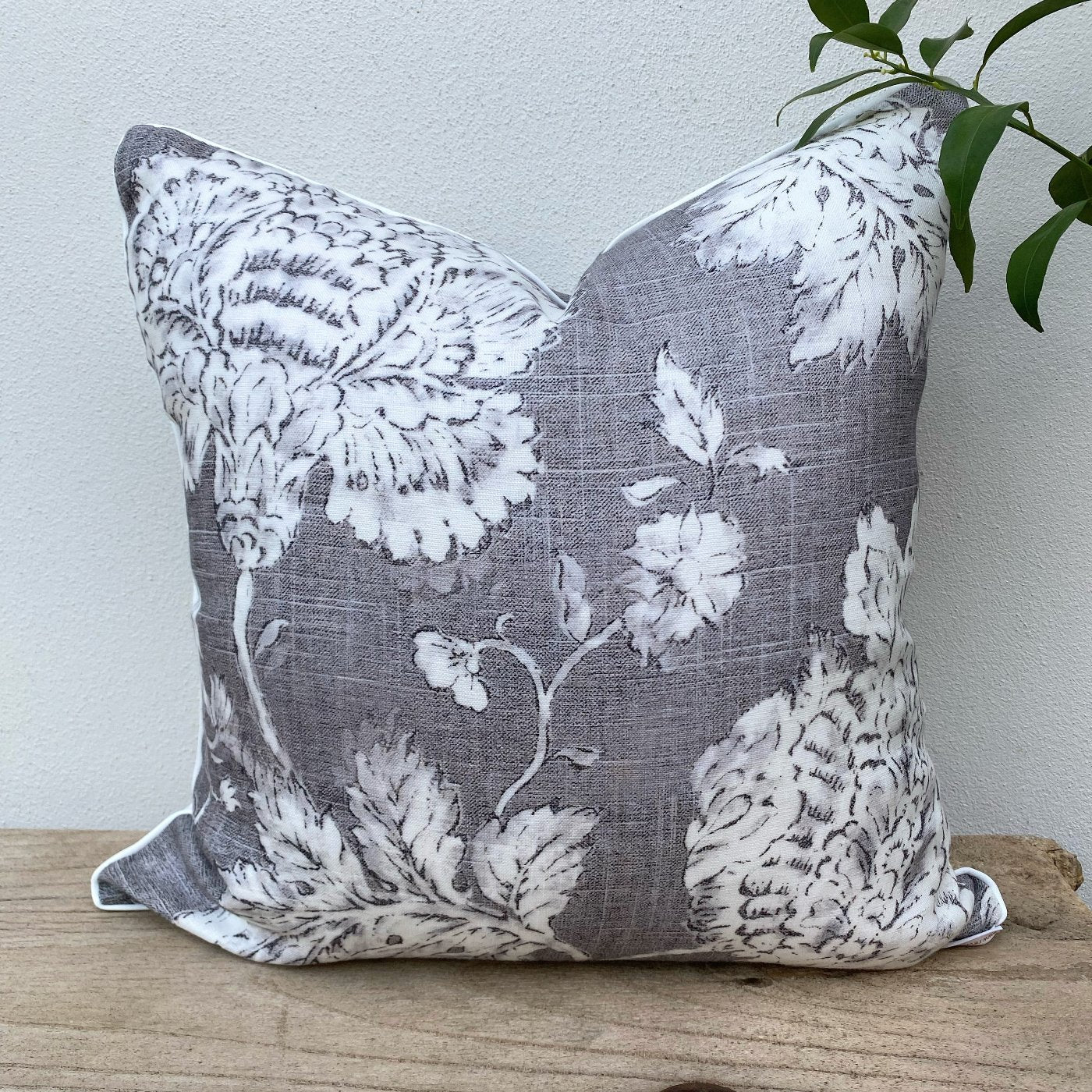 45 x 45 French Linen Grey and White Jacobean Floral Cushion 