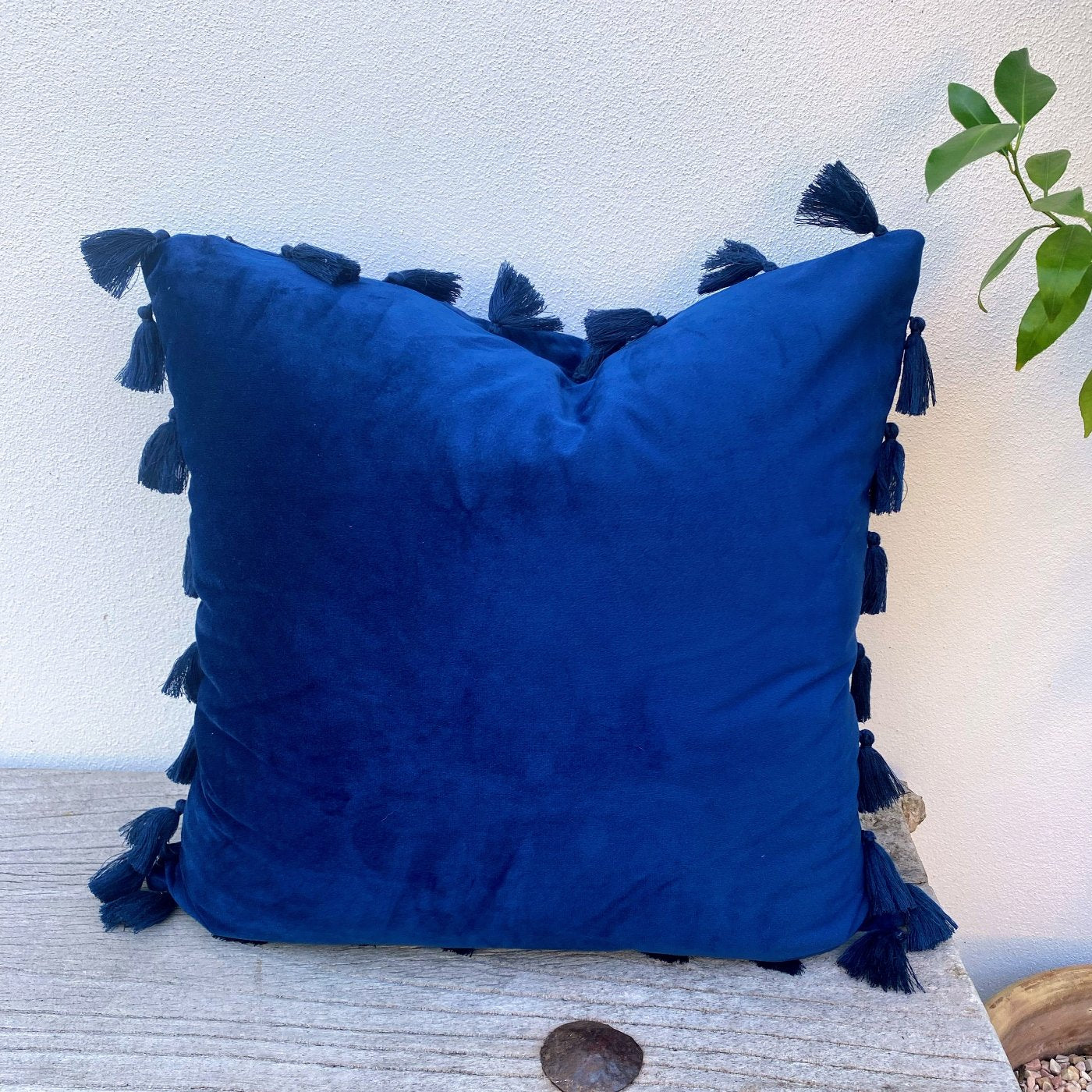 45cm Blue Suede Velvet Tasselled Cushion