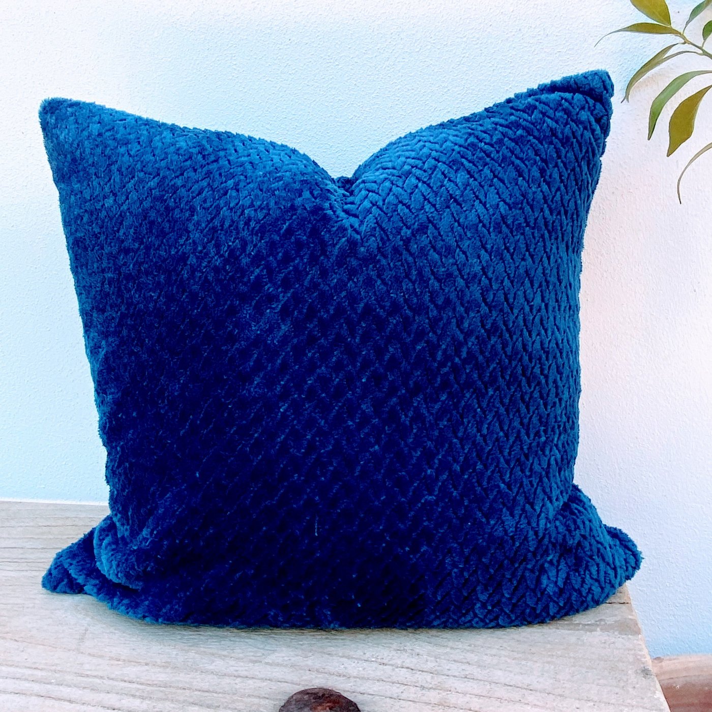 45cm Blue Velvety Chenille Cushion Cover | Herringbone