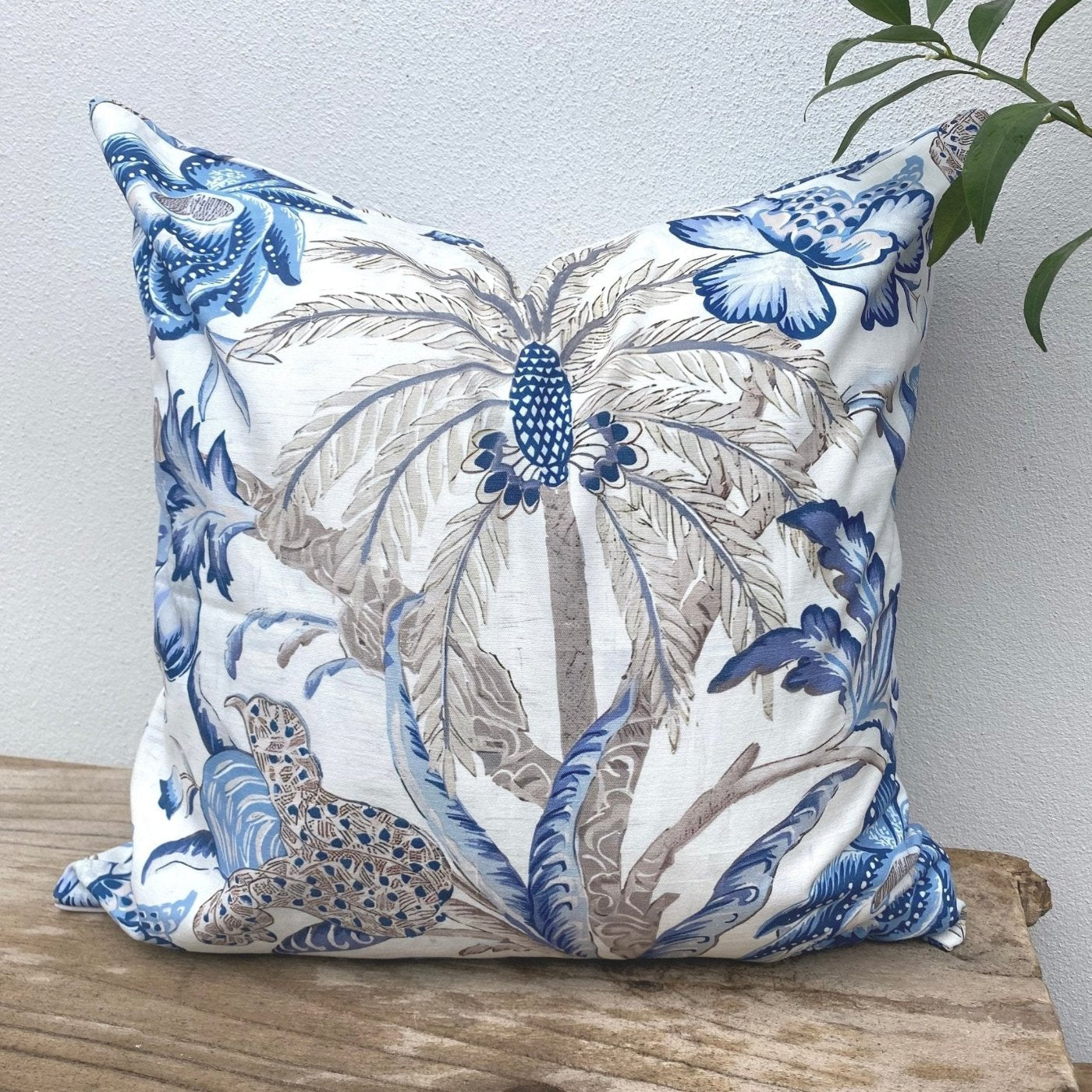 Coastal Blue, Beige and White Palm Tree Cushion 