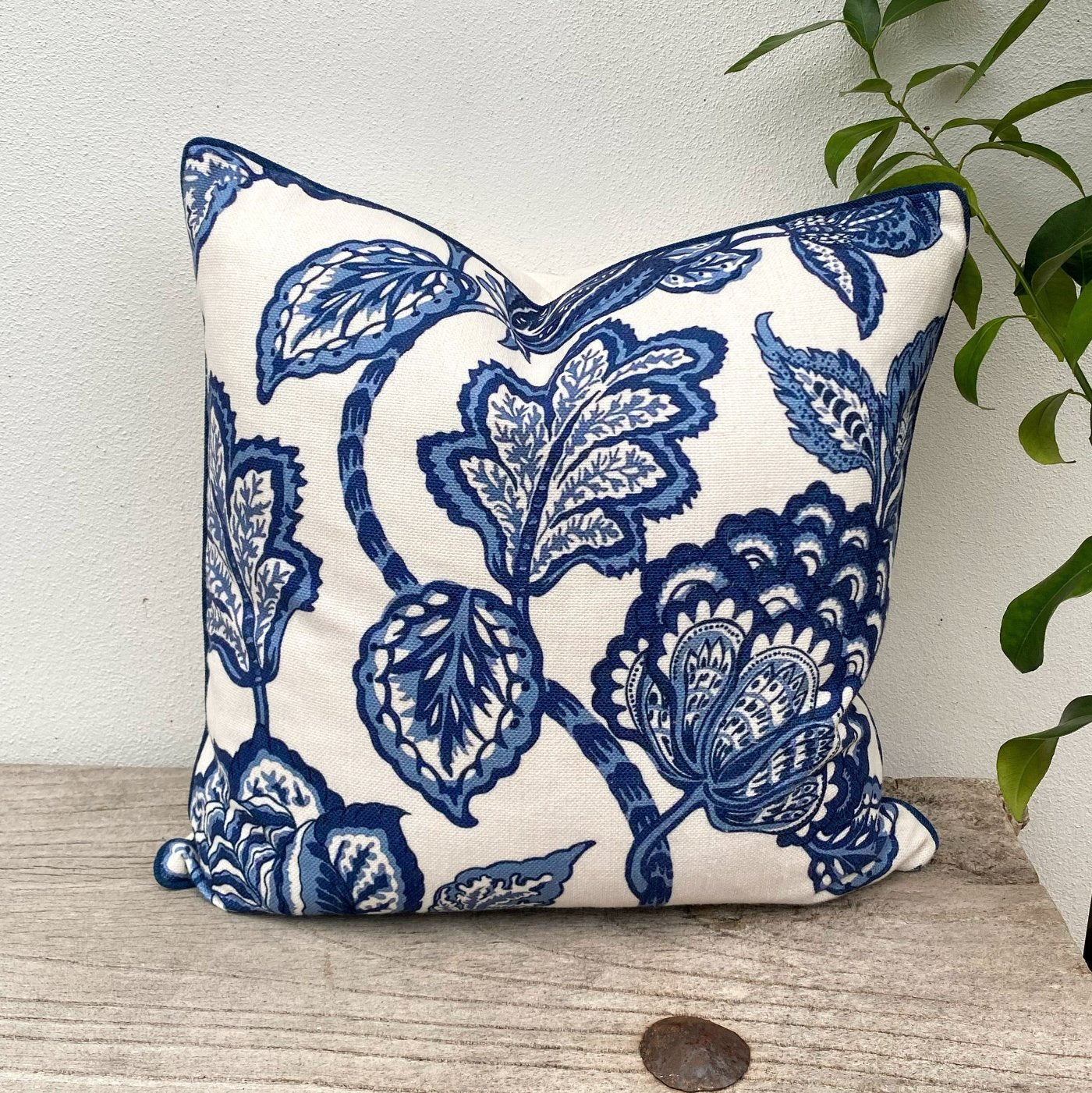 45cm Hamptons Blue and White Jacobean Floral Cushion