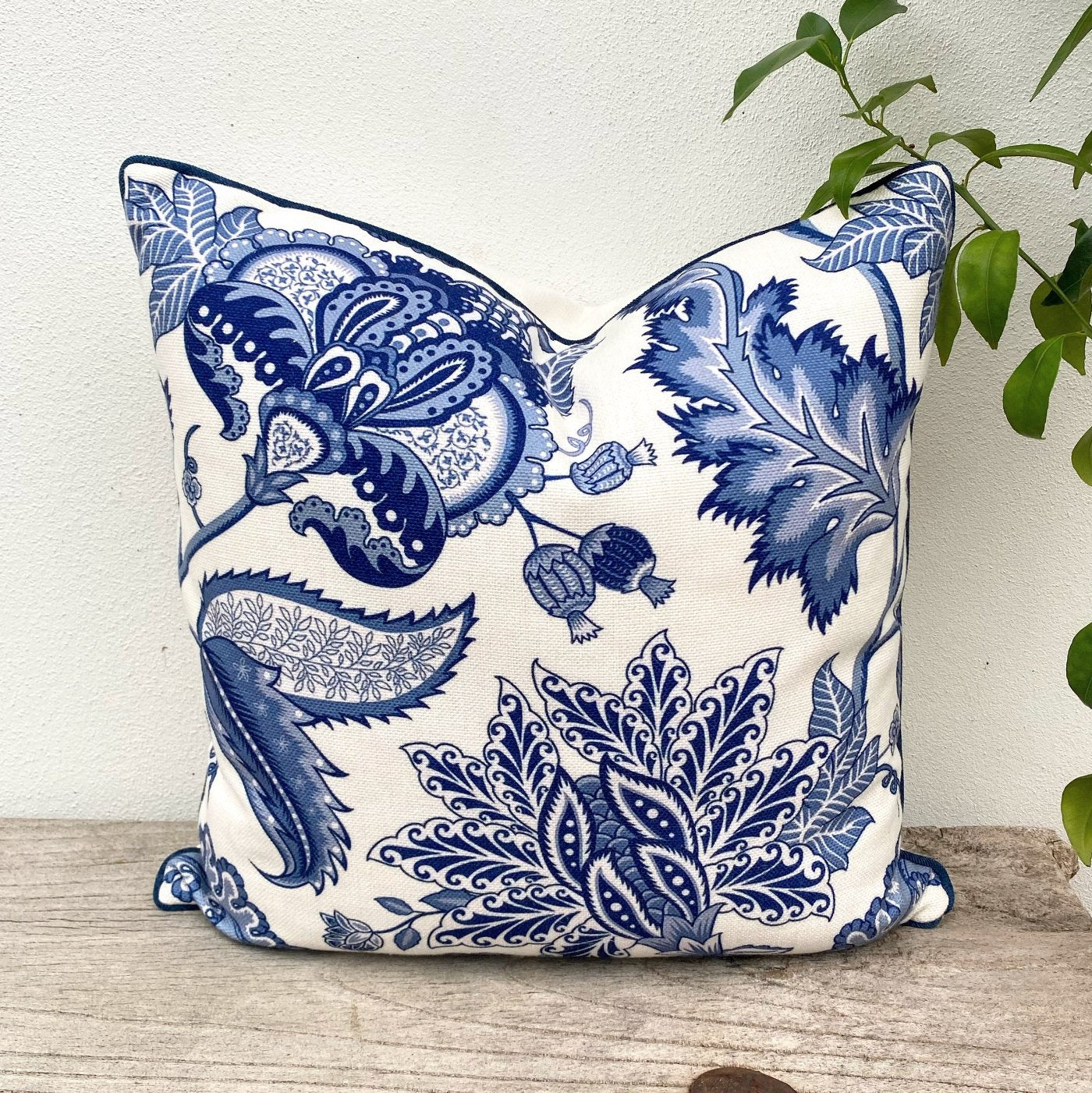 45cm Hamptons Style Blue and White Jacobean Floral Cushion