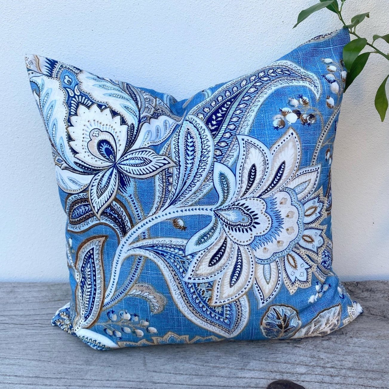 45cm Jacobean Blue White Floral Cushion