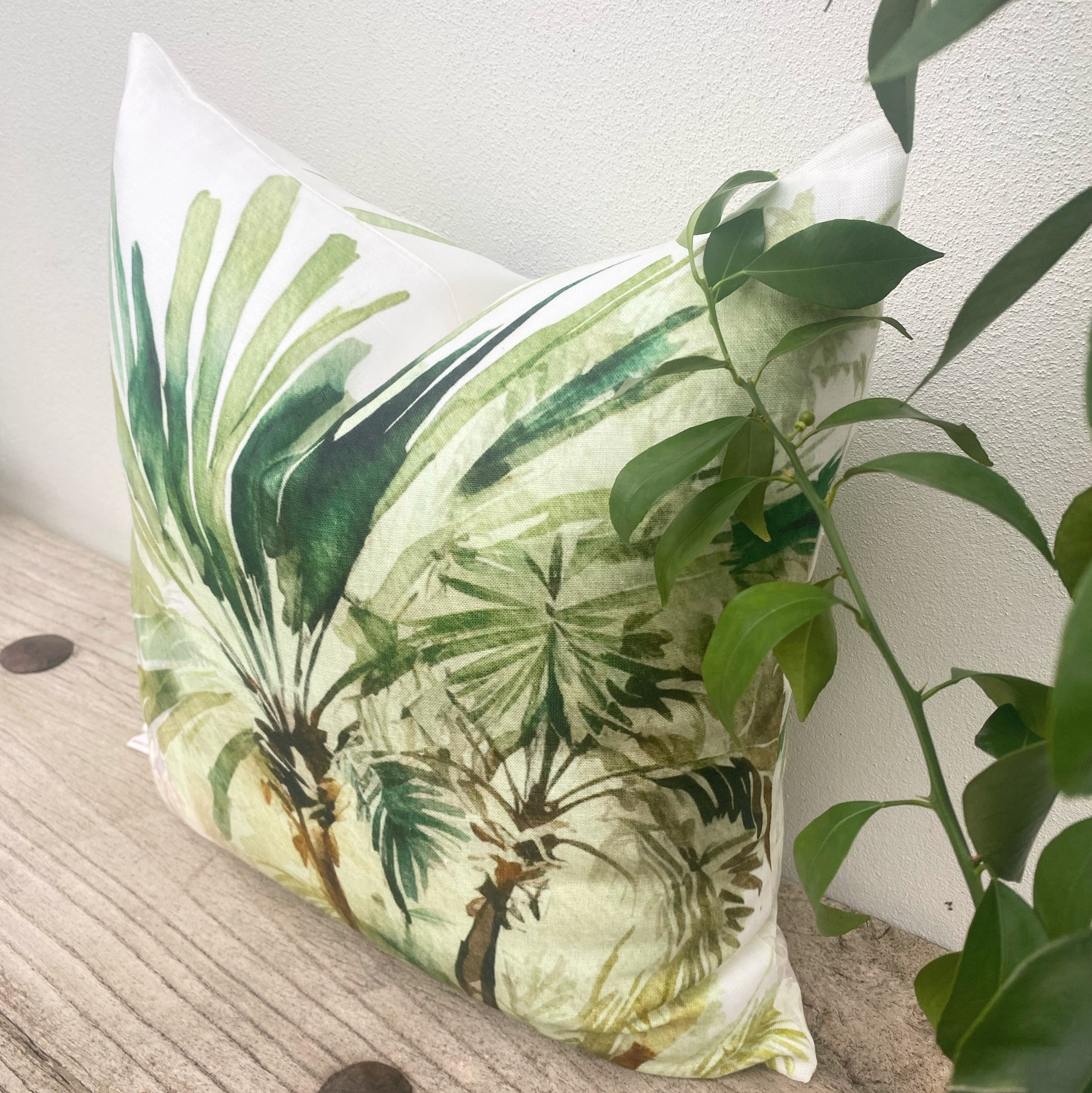 Set of 3 Green Linen Tropical Palm Cushion Covers| Bahamas