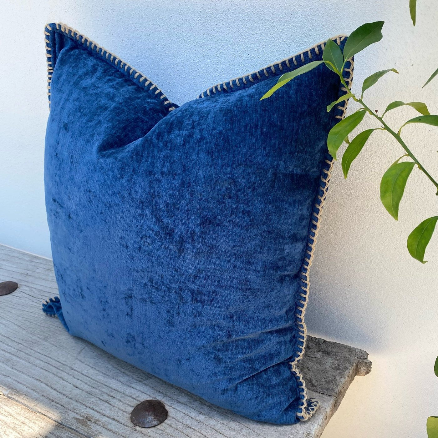 50cm Blue Velvety Chenille Cushion Cover with Woven Jute Edge | Navy