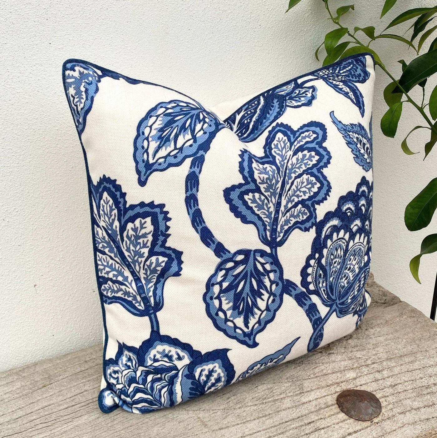 50cm Coastal Blue and White Jacobean Floral Cushion