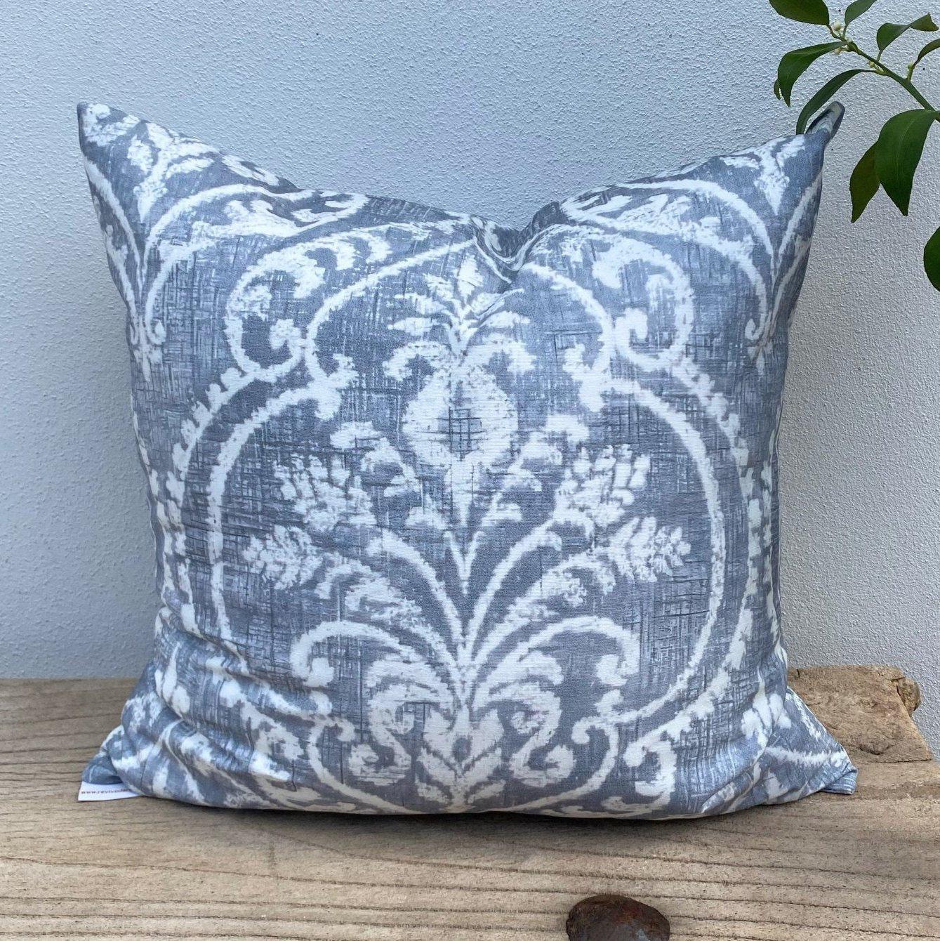 50cm White Blue Grey Floral Damask Cushion