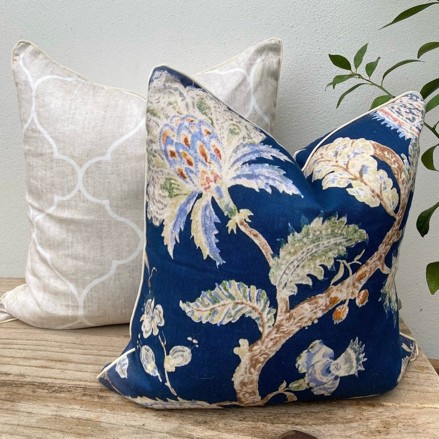 Set of 2 Natural Beige and Dark Blue Floral Luxury French Linen Cushions