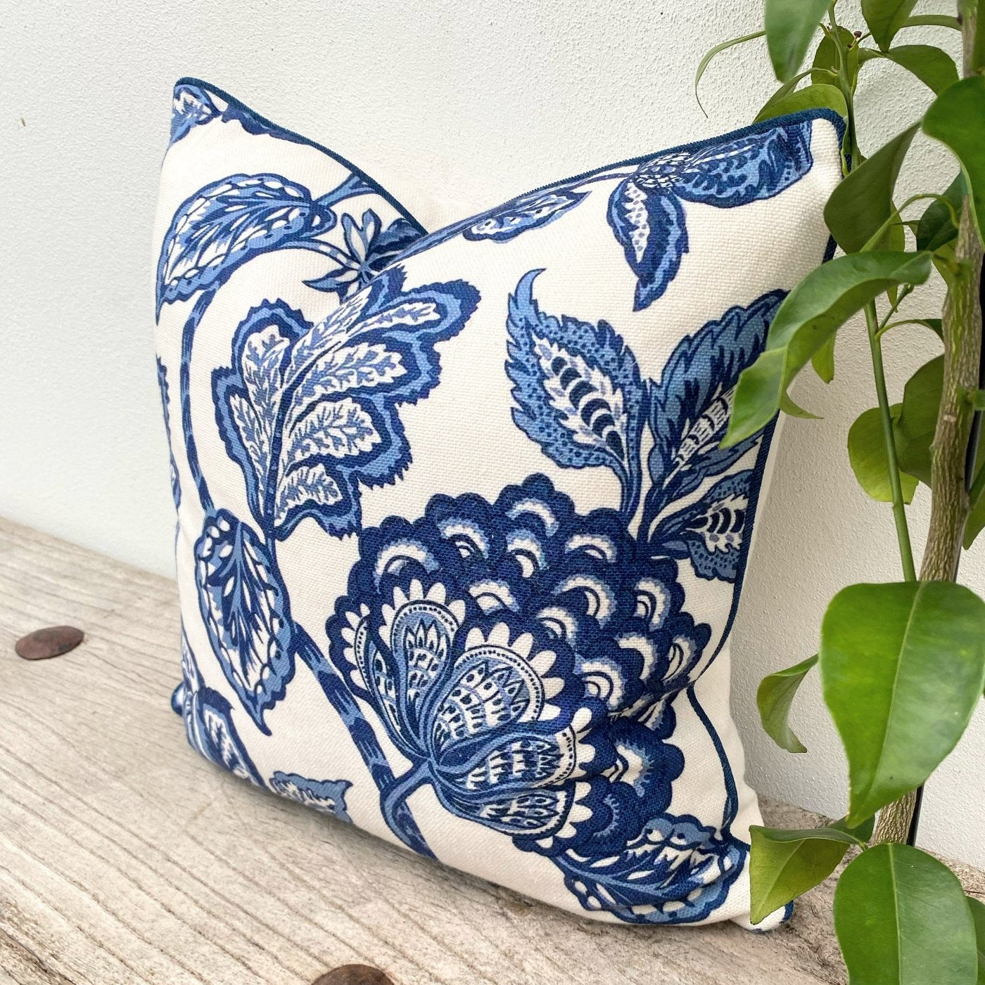 50x50 Hamptons Blue and White Jacobean Floral Cushion