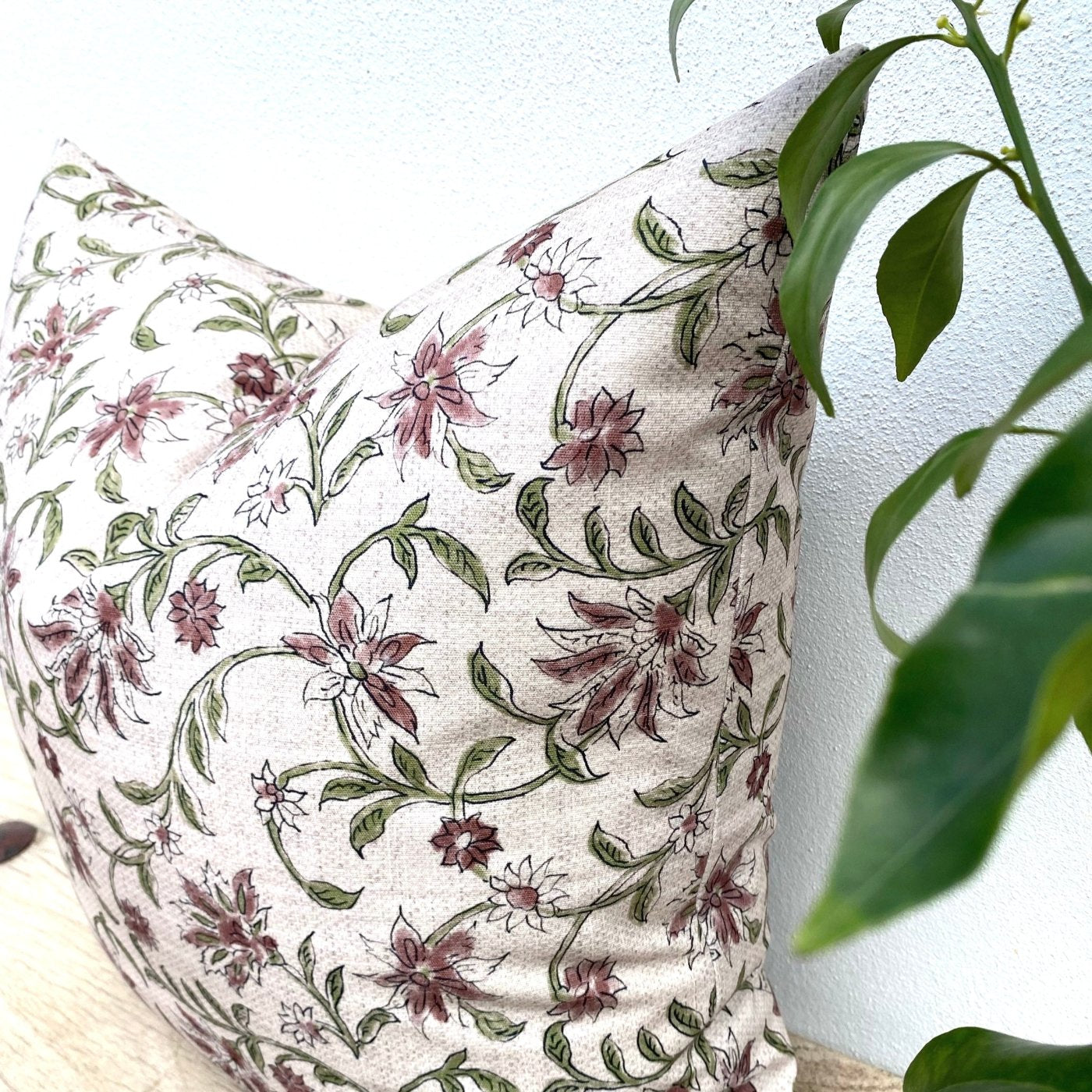 50x50 Ruby and Green Floral Vine Block Printed Cushion