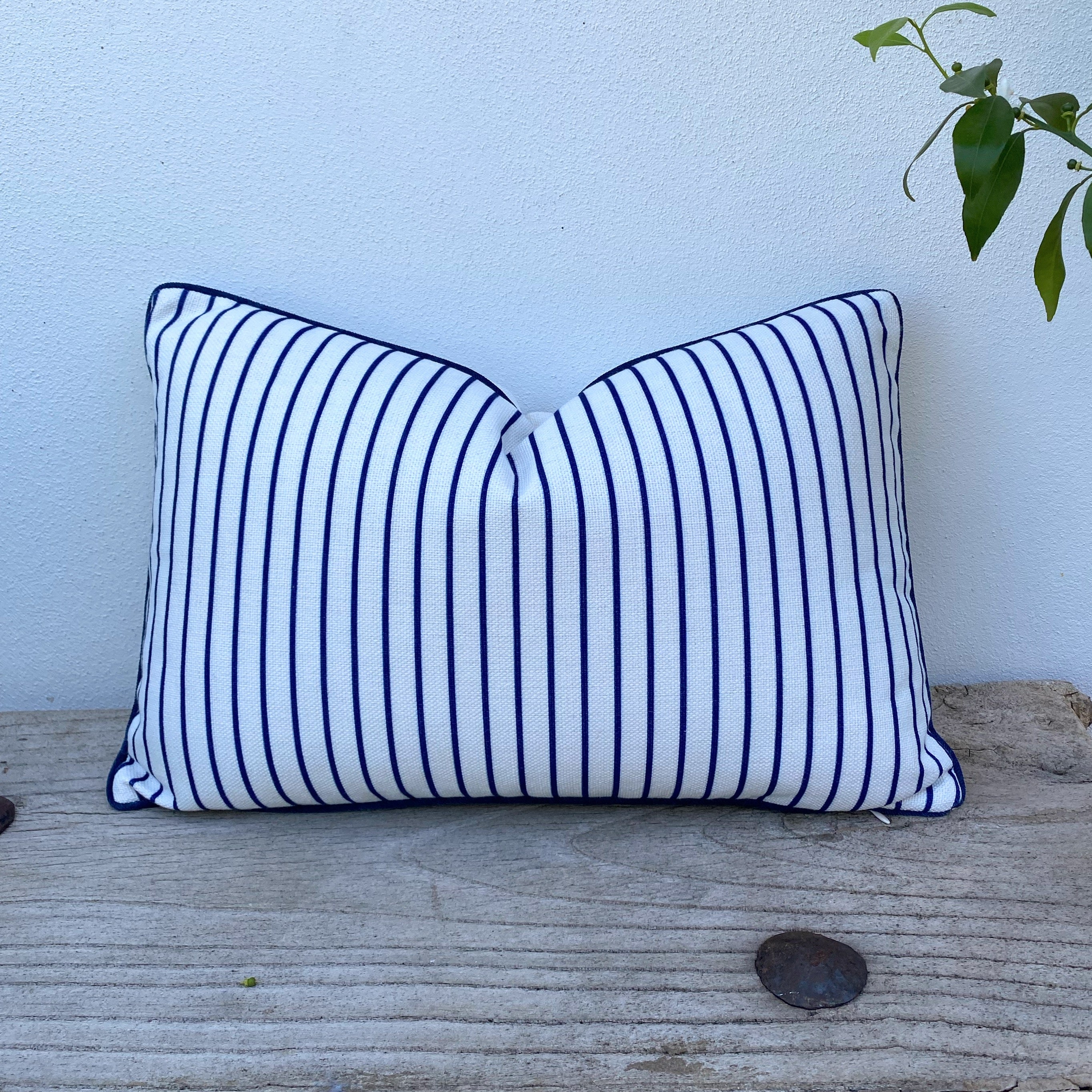 Rectangle Navy Blue Striped Cushion Covers | Piped Edge