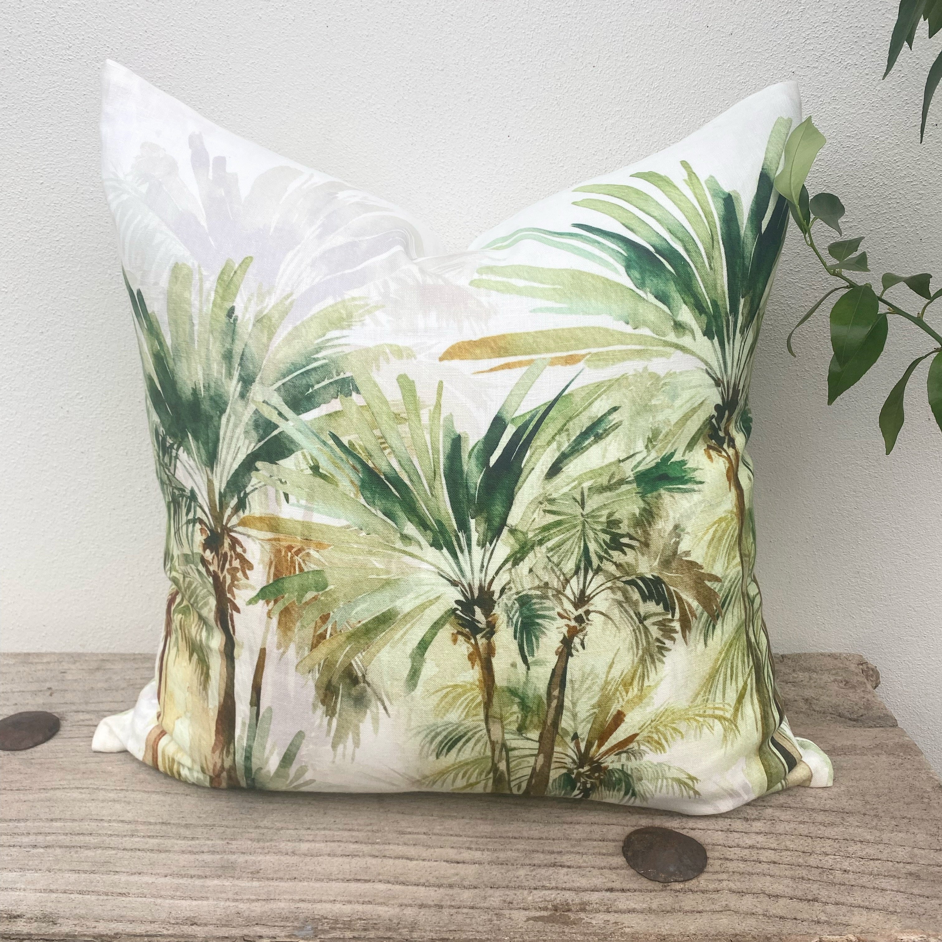 Set of 3 Green Linen Tropical Palm Cushion Covers| Bahamas