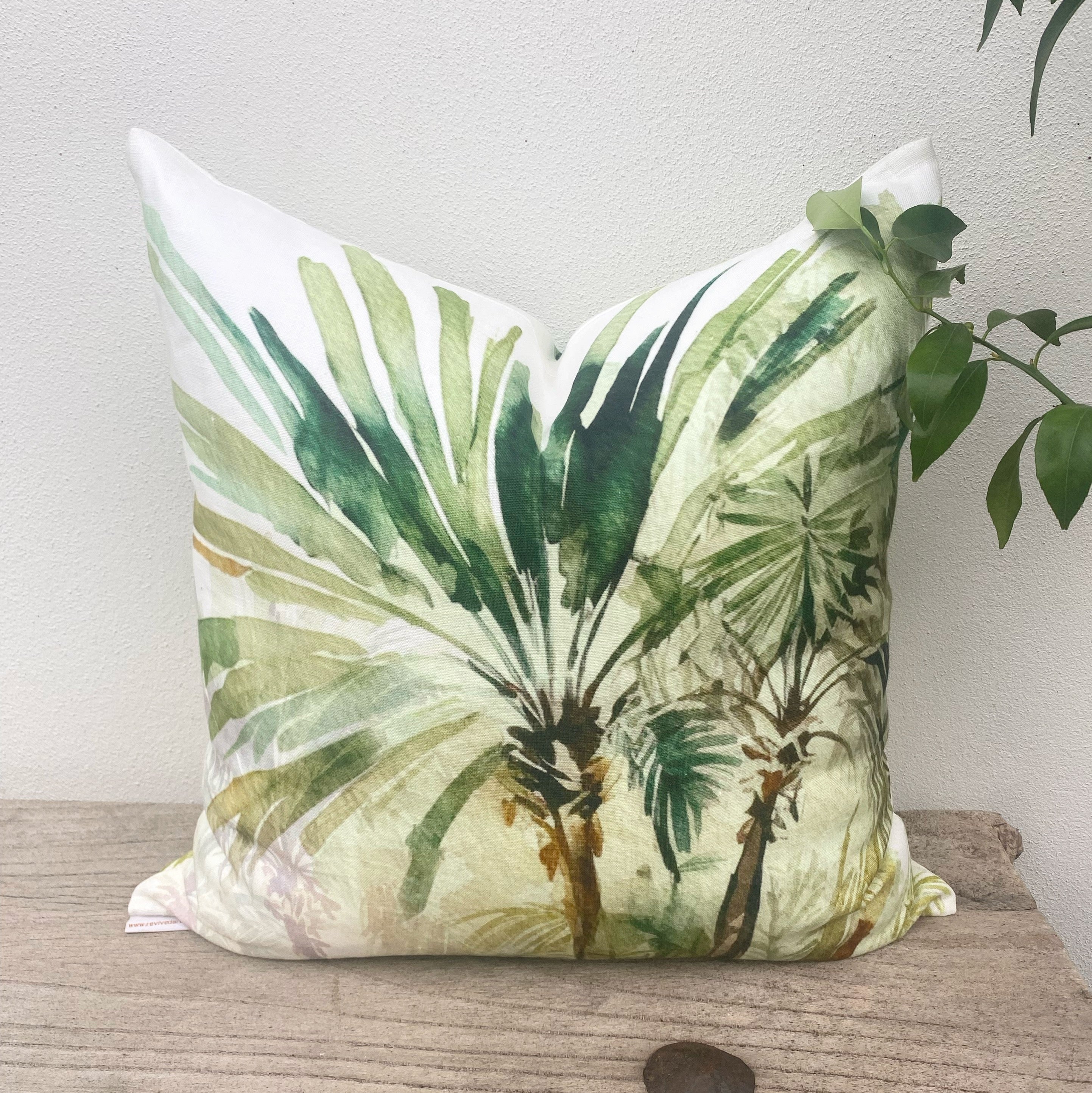 Set of 3 Green Linen Tropical Palm Cushion Covers| Bahamas