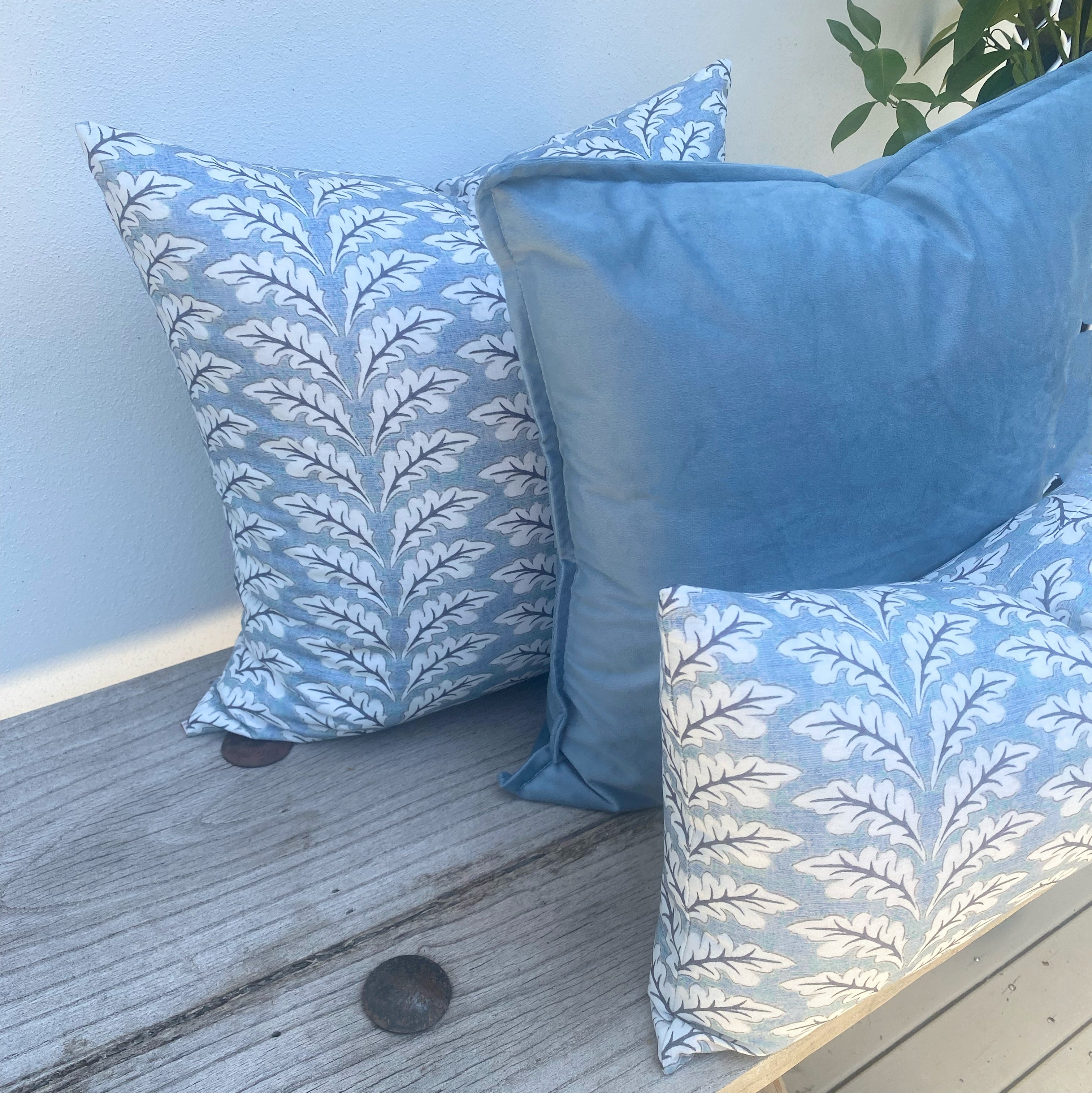 100% Cotton Dusty Blue Cushion | Velvet Ocean Foliage