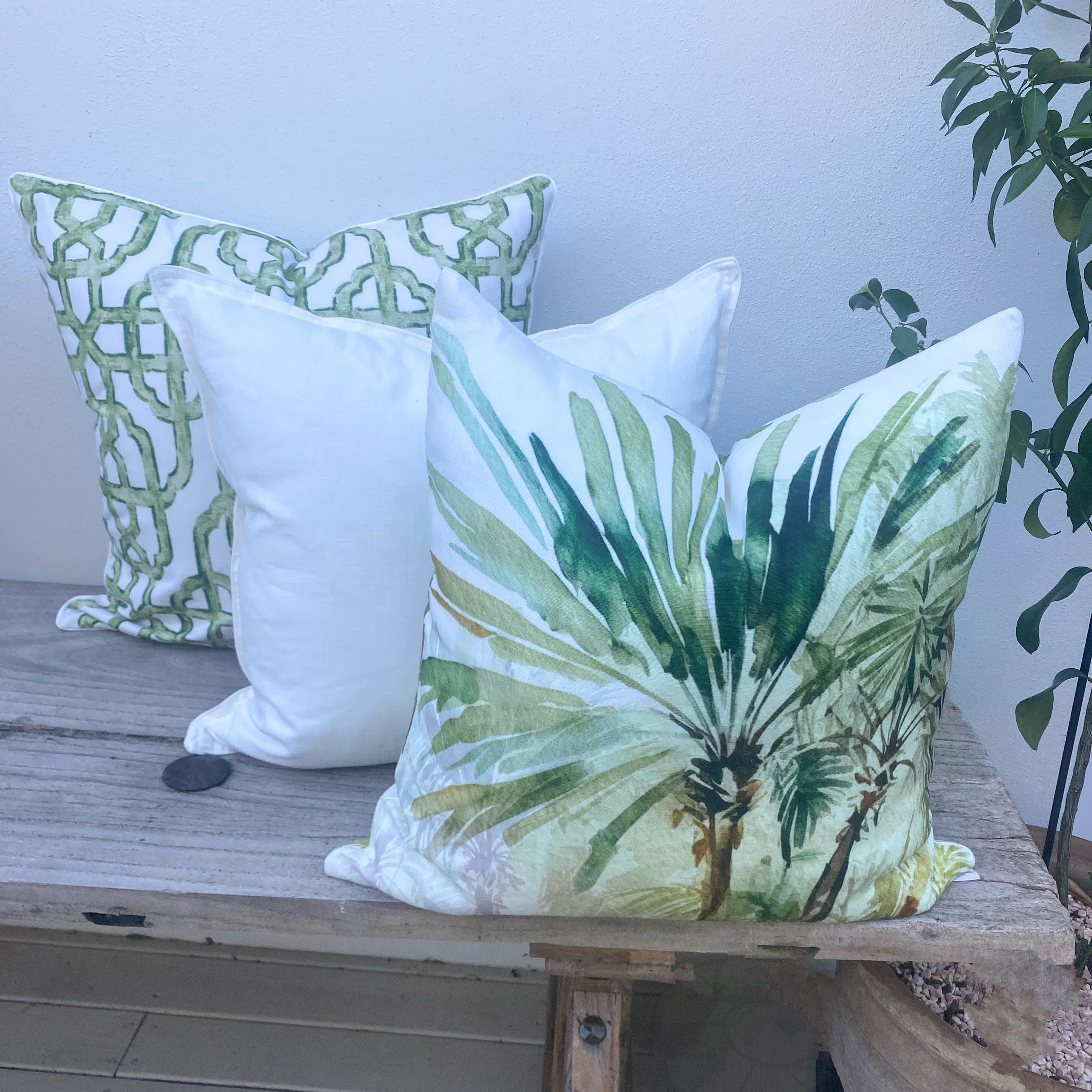 Set of 3 Green and White Linen Palm Cushion Covers| Imperial Bahamas