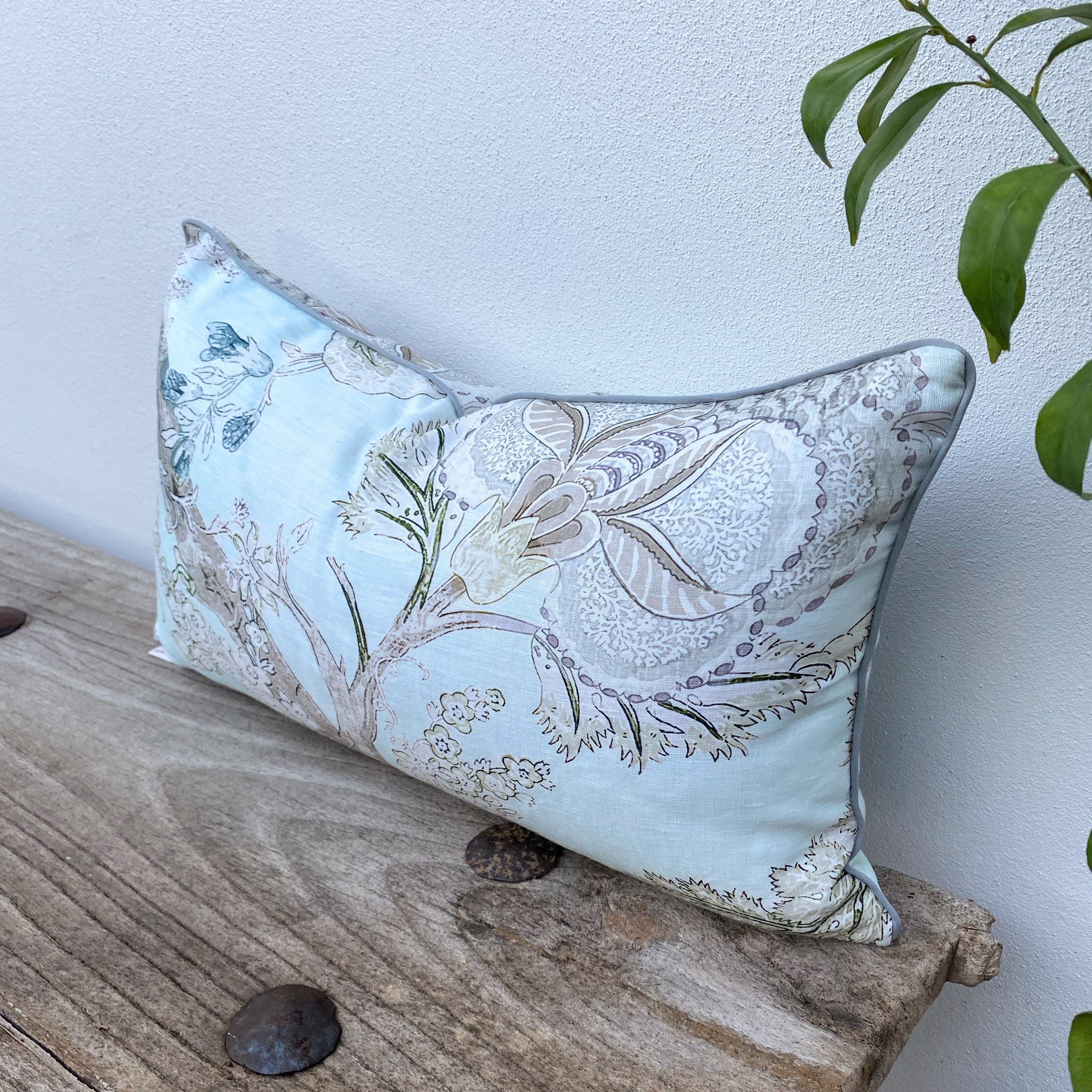 Rectangle French Linen Duck Egg Blue Jacobean Floral Cushion |  Enchanted