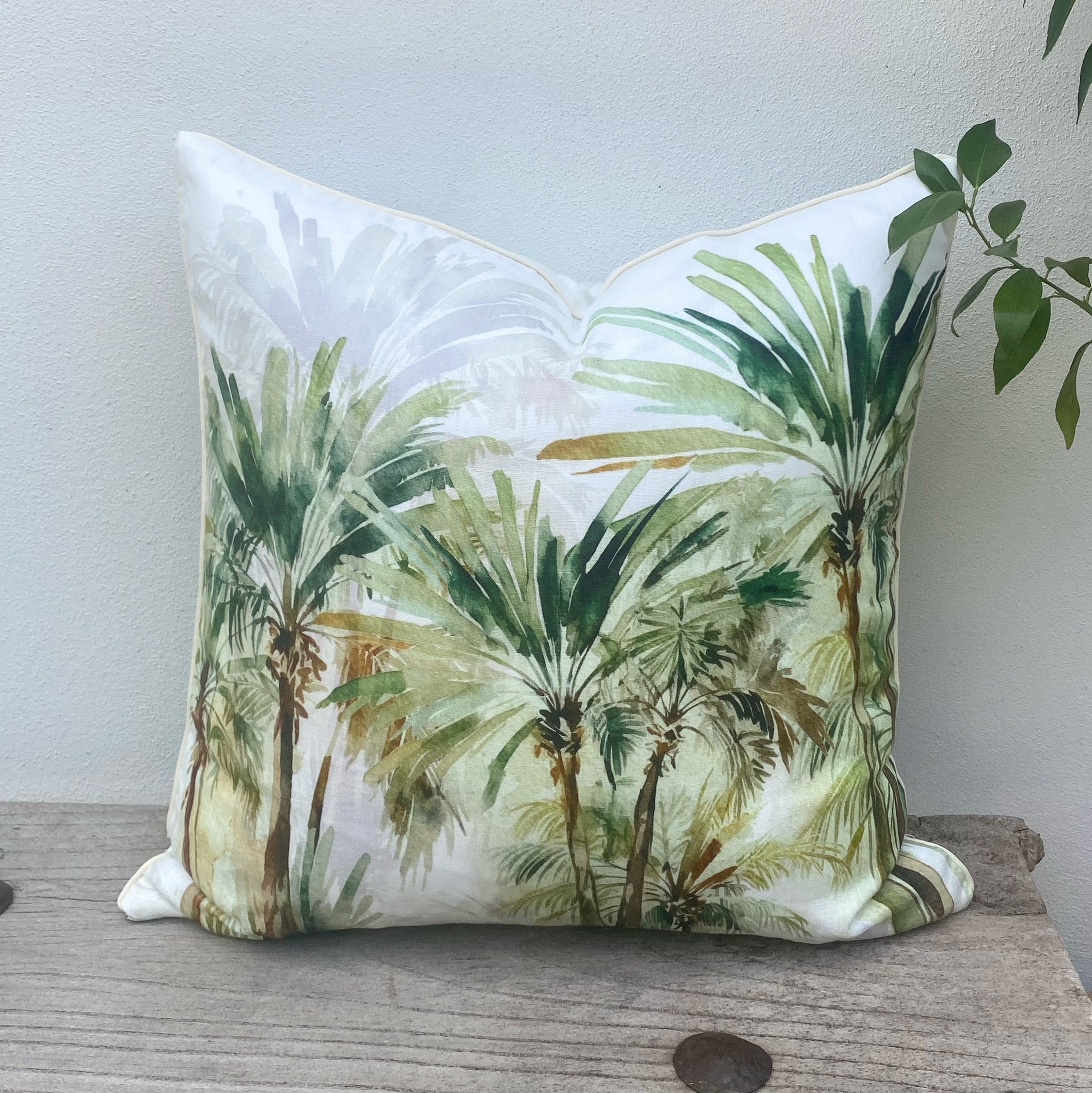 Set of 3 French Linen Green and Beige  Tropical Palm Cushion Covers| Bahamas