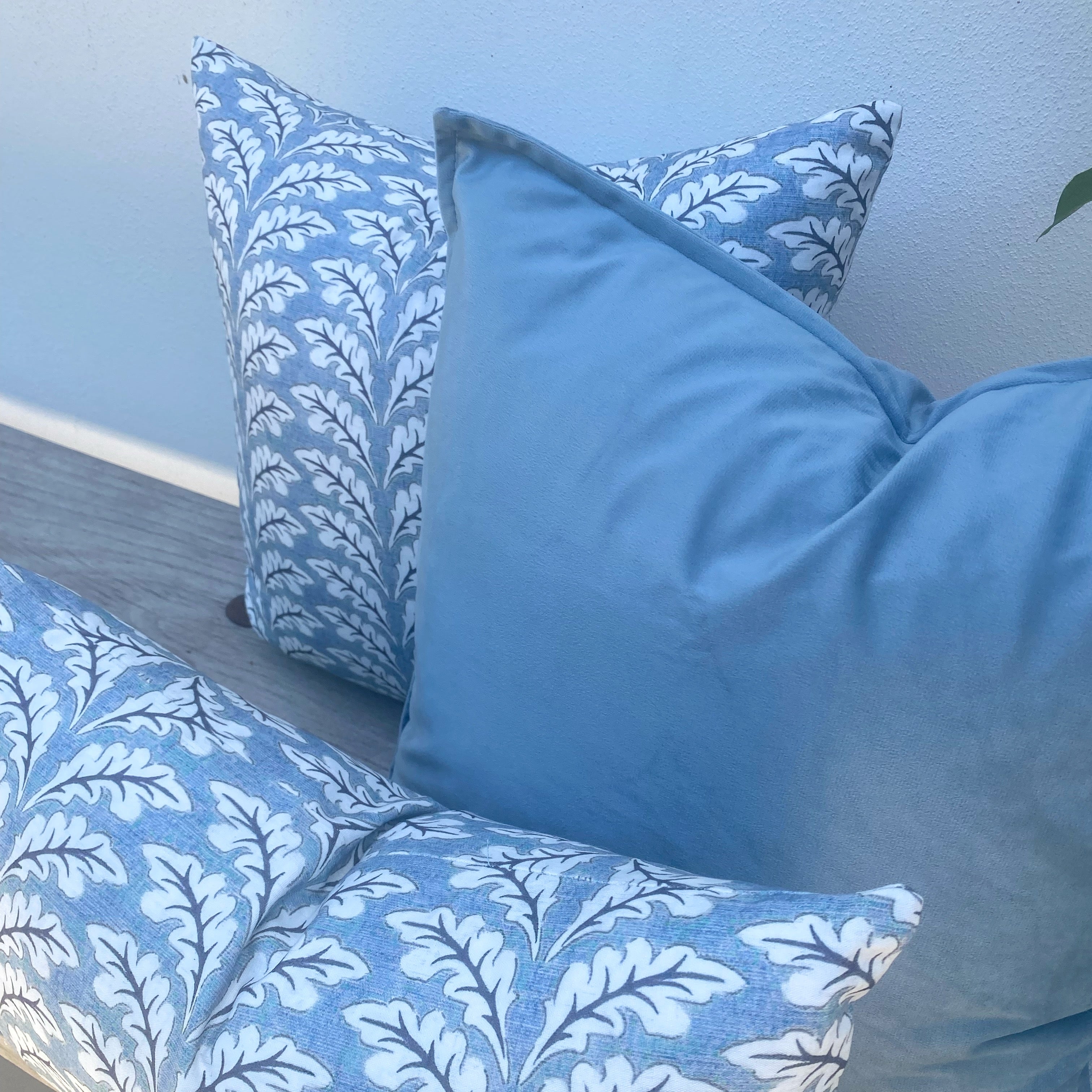 100% Cotton Dusty Blue Cushion | Velvet Ocean Foliage