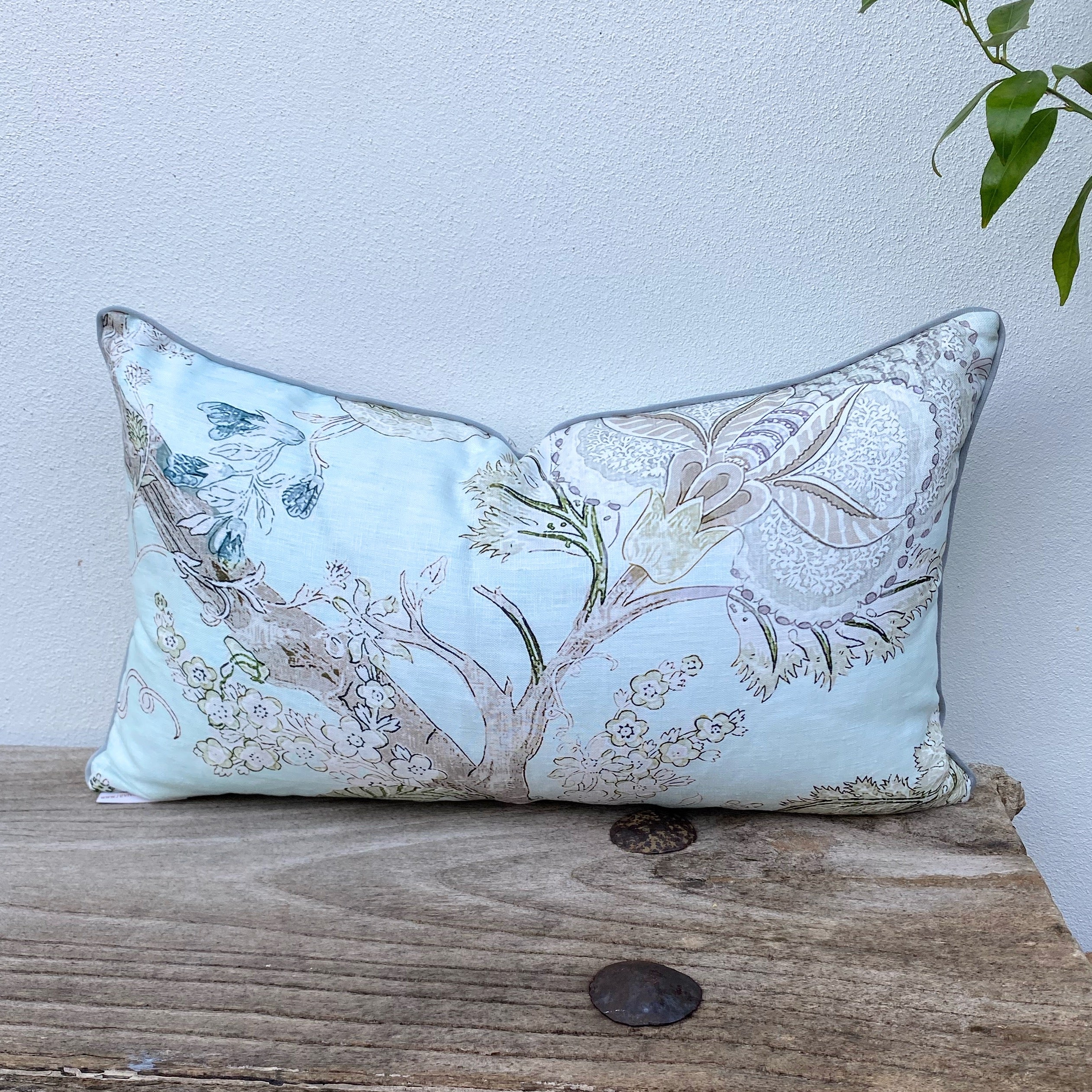 Rectangle French Linen Duck Egg Blue Jacobean Floral Cushion |  Enchanted