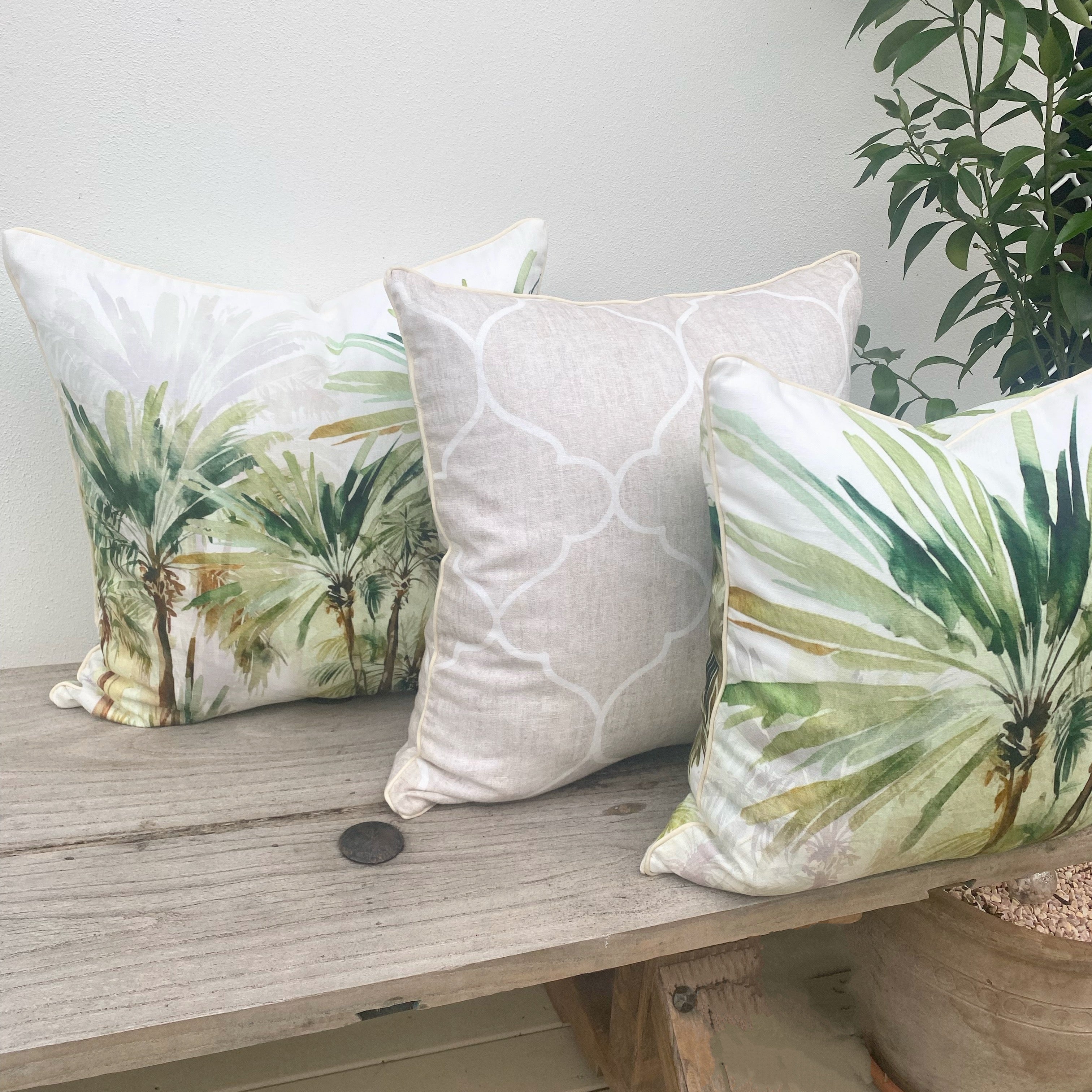 Set of 3 French Linen Green and Beige  Tropical Palm Cushion Covers| Bahamas