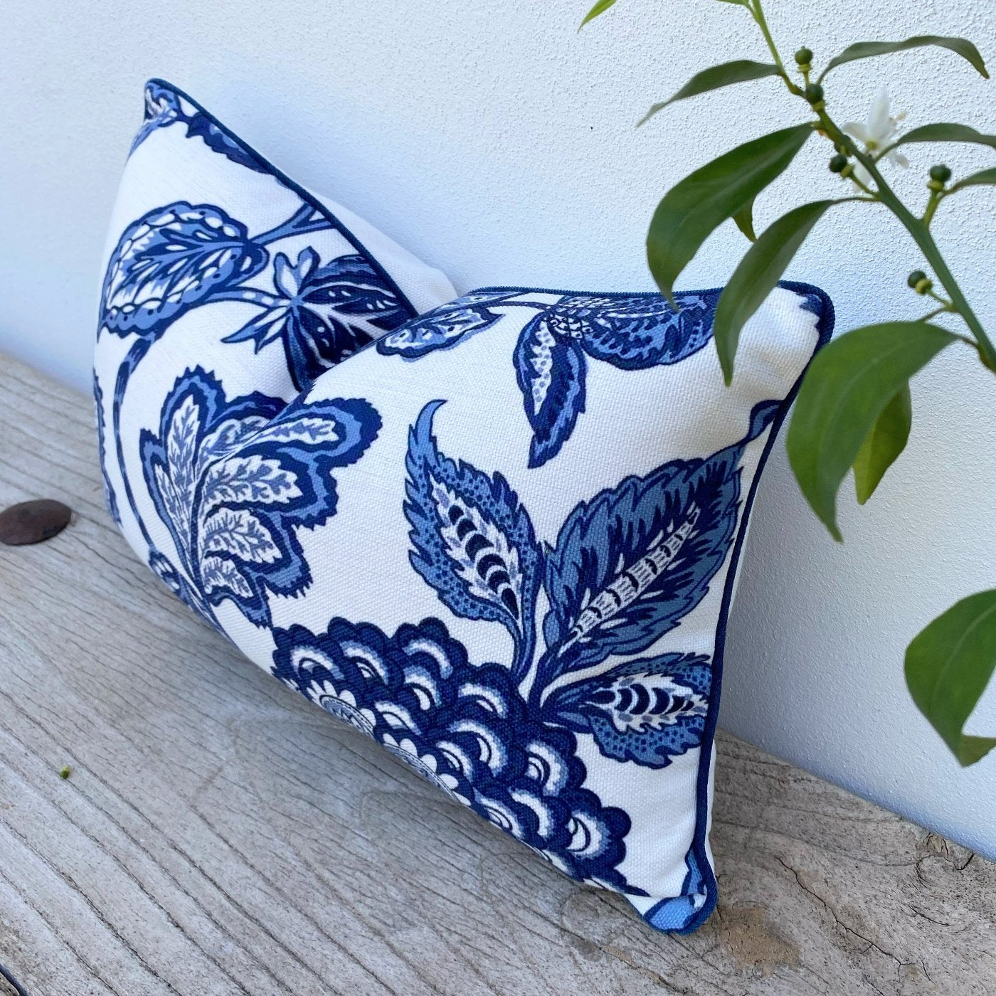 Rectangle Hamptons Blue and White Jacobean Floral Cushion