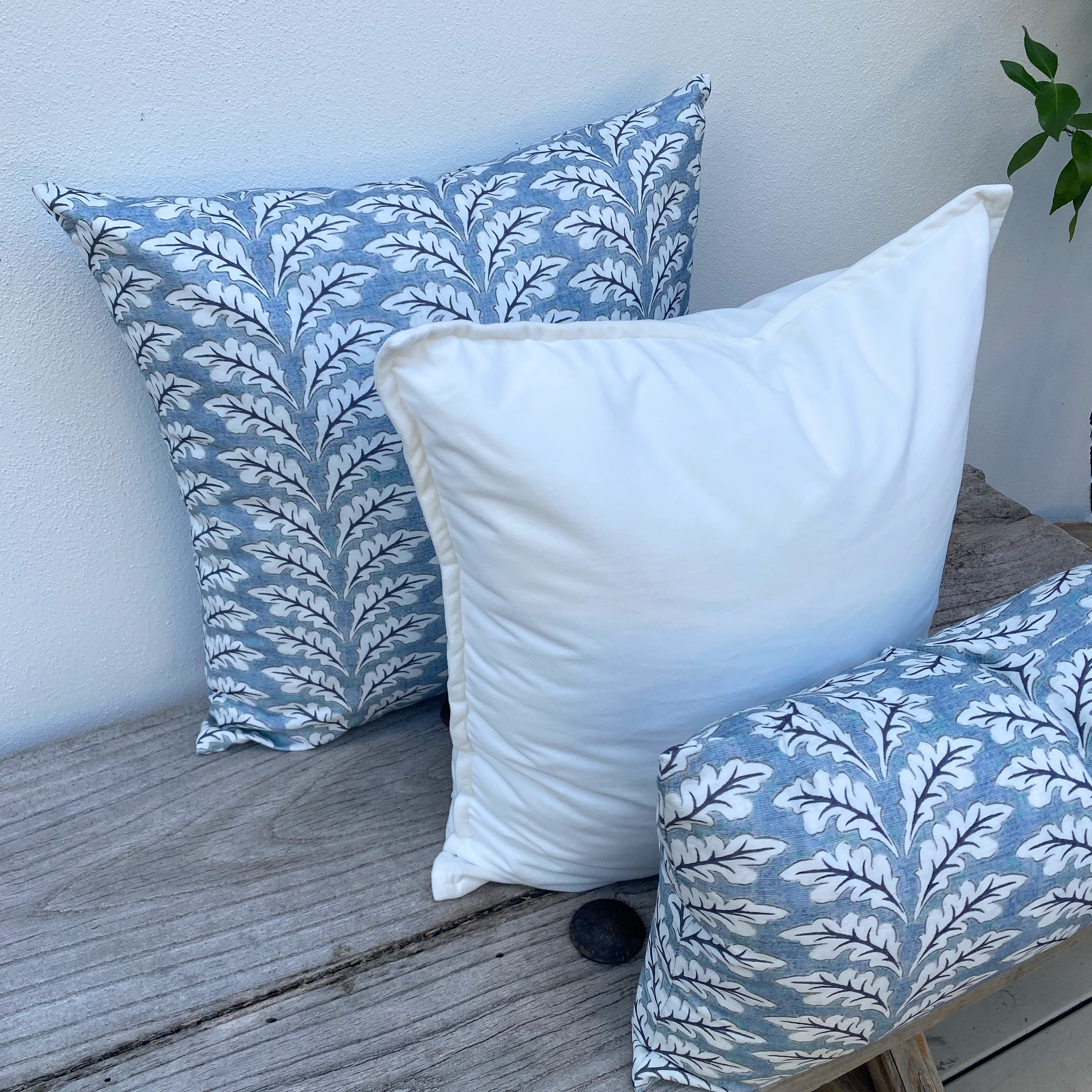 100% Cotton Light Blue Cushion | Velvet Ocean Foliage