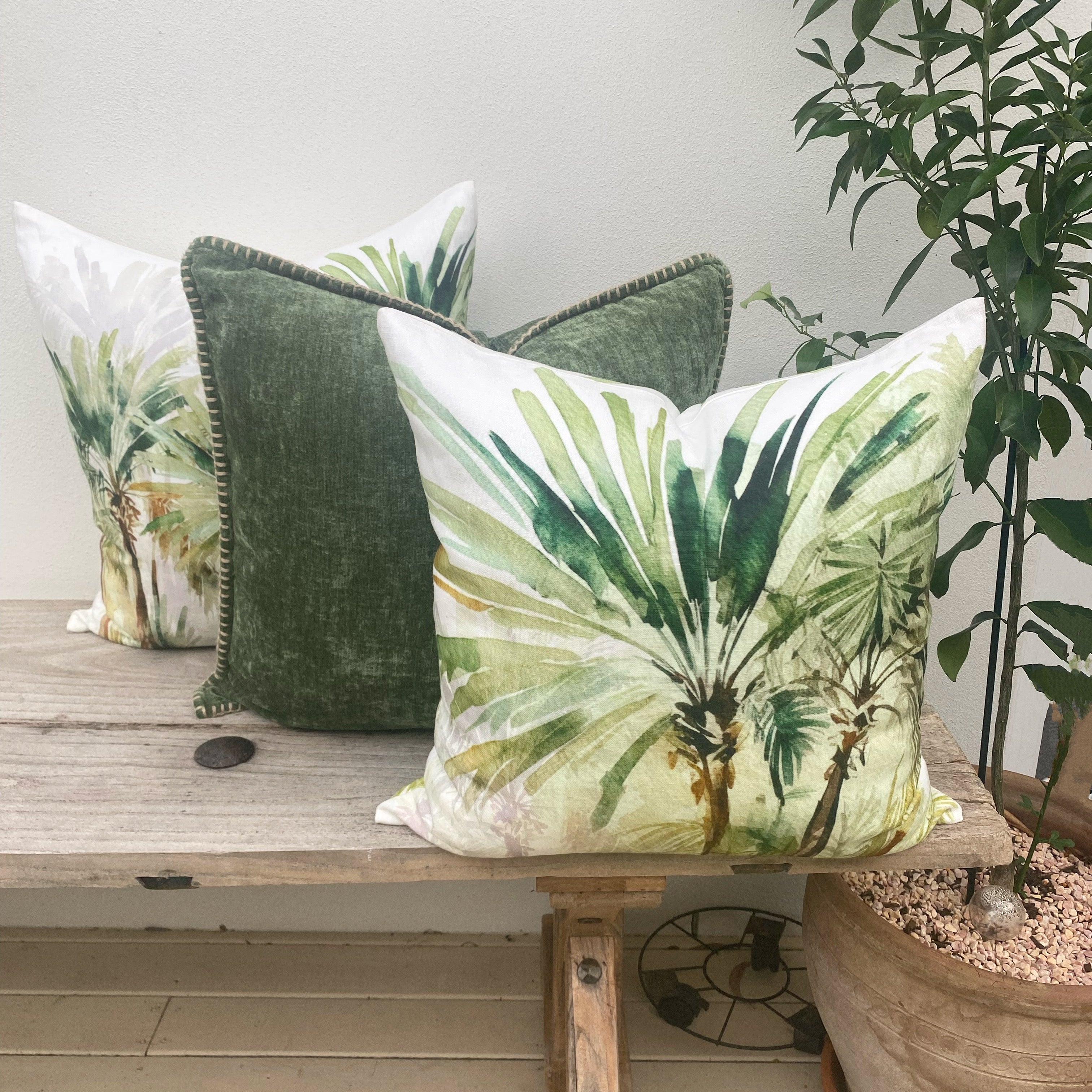 Set of 3 Green Linen Tropical Palm Cushion Covers| Bahamas