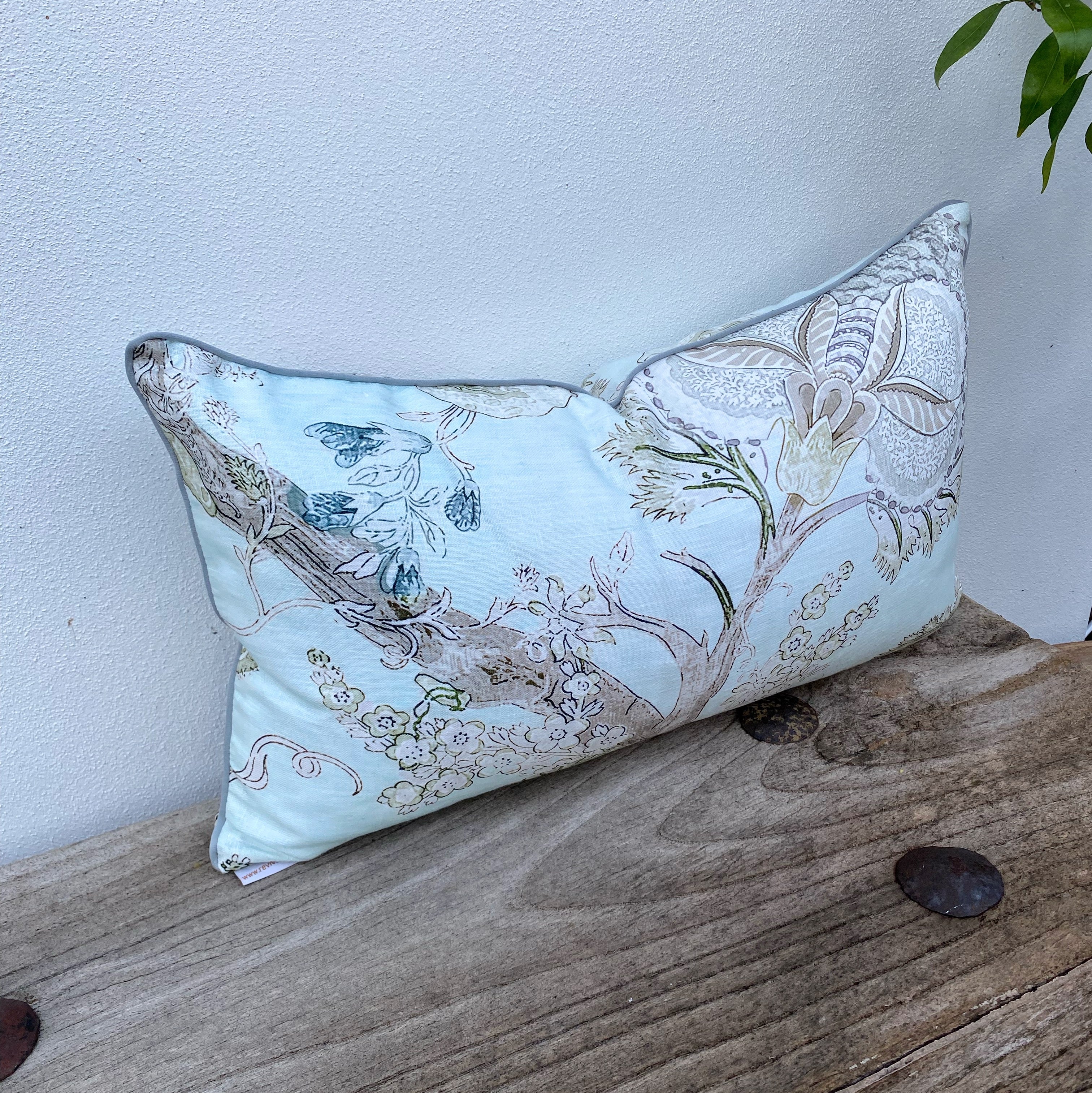 Rectangle French Linen Duck Egg Blue Jacobean Floral Cushion |  Enchanted