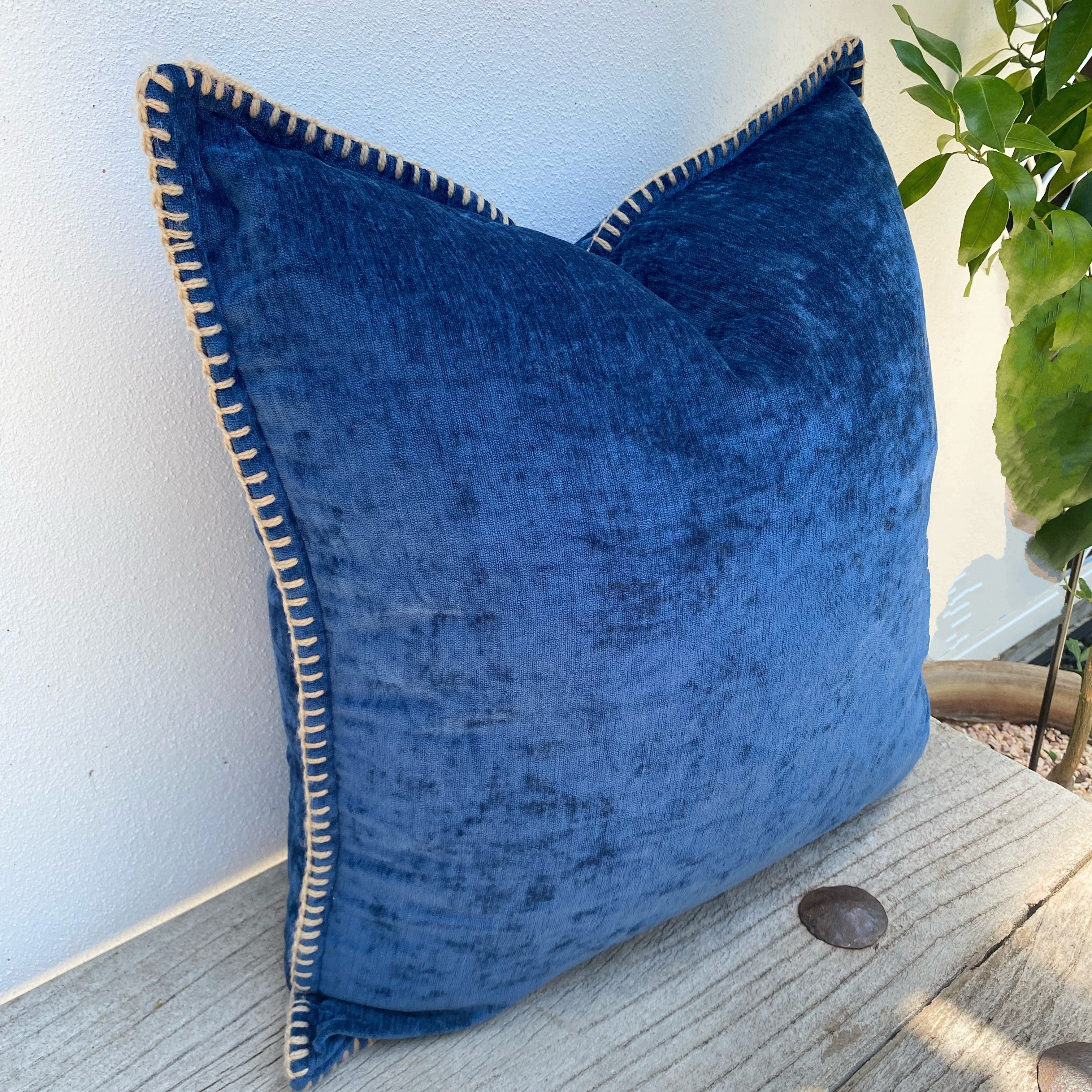 Dark Blue Velvety Chenille Cushion Cover with Woven Jute Edge | Navy