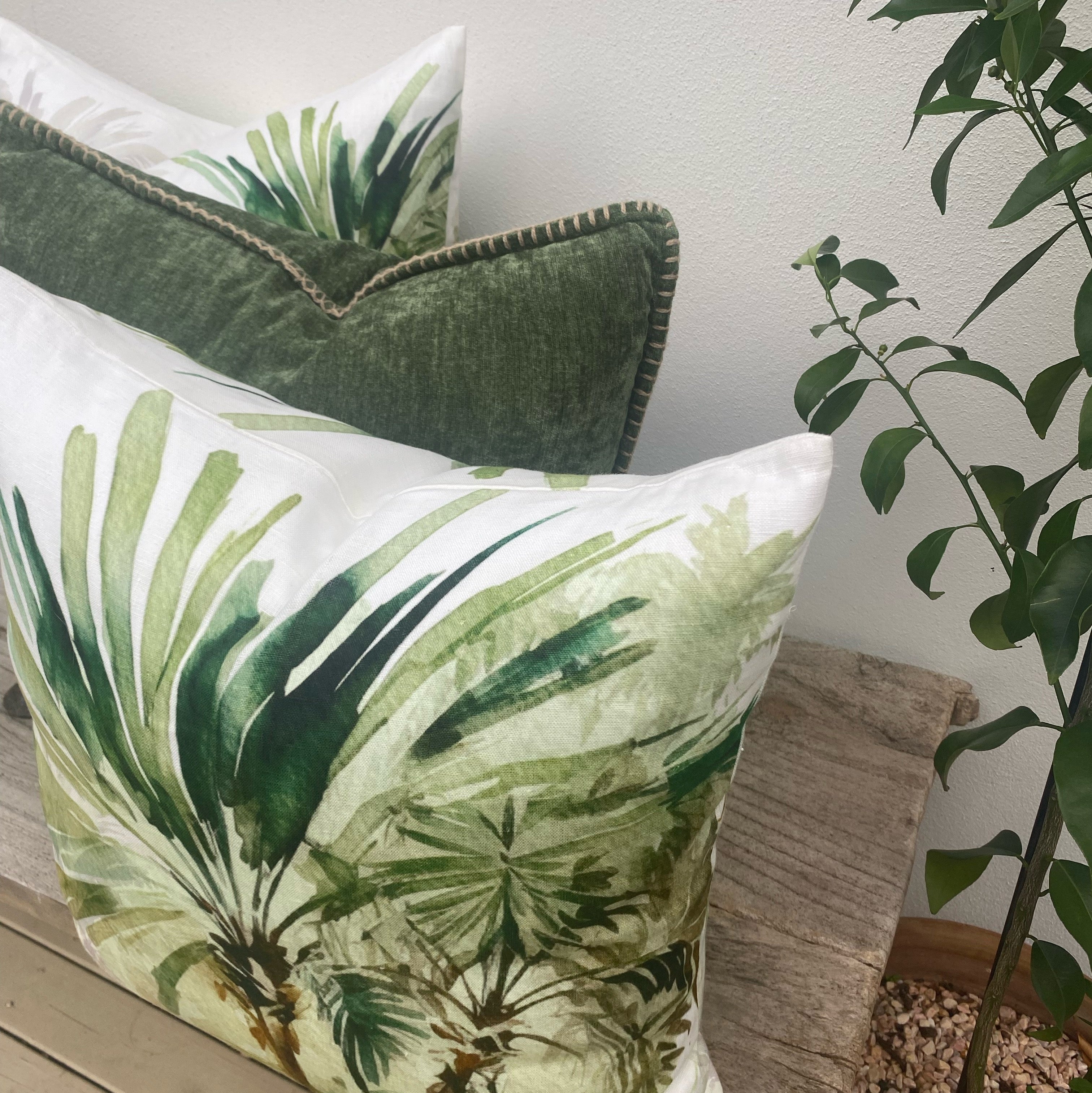 Set of 3 Green Linen Tropical Palm Cushion Covers| Bahamas