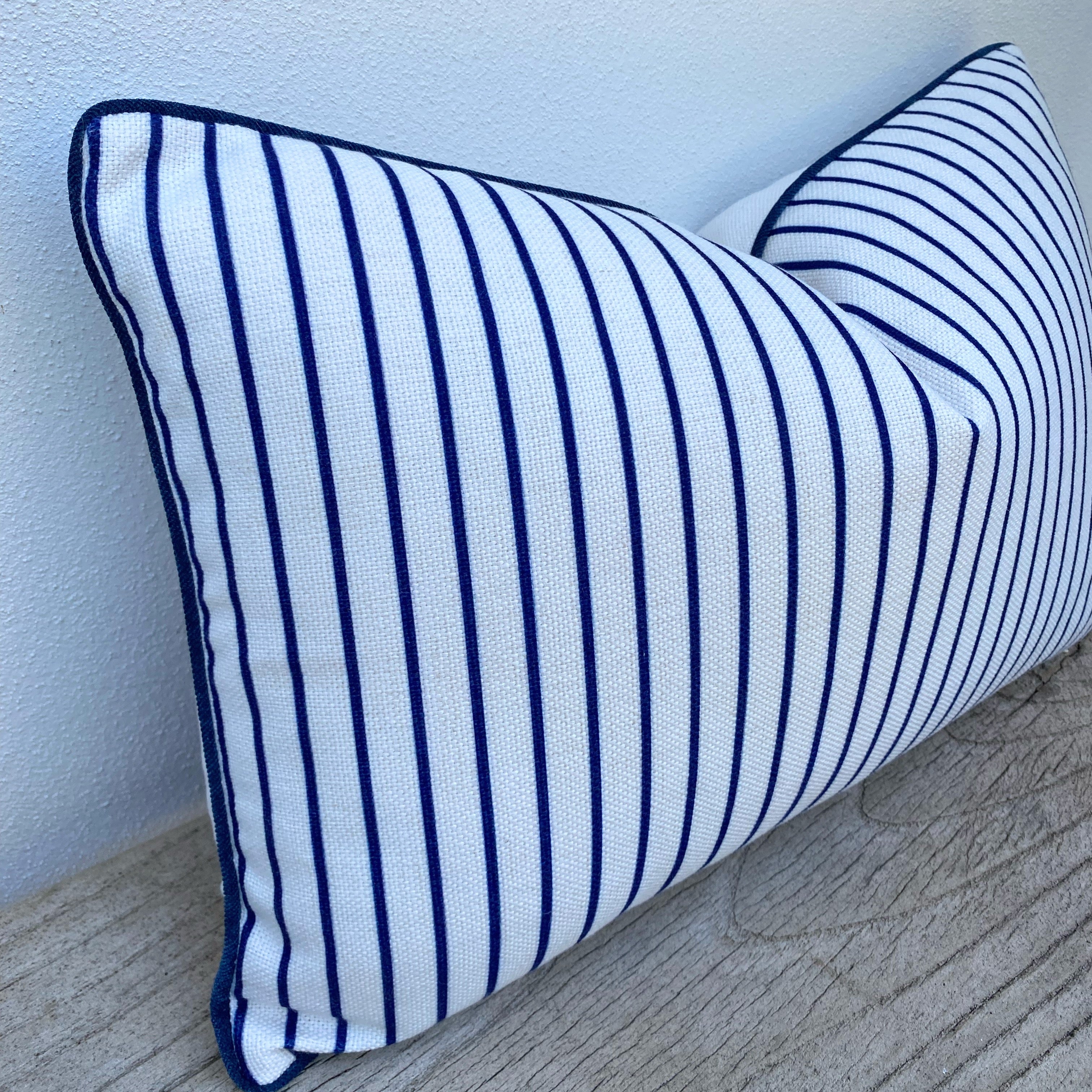 Rectangle Navy Blue Striped Cushion Covers | Piped Edge