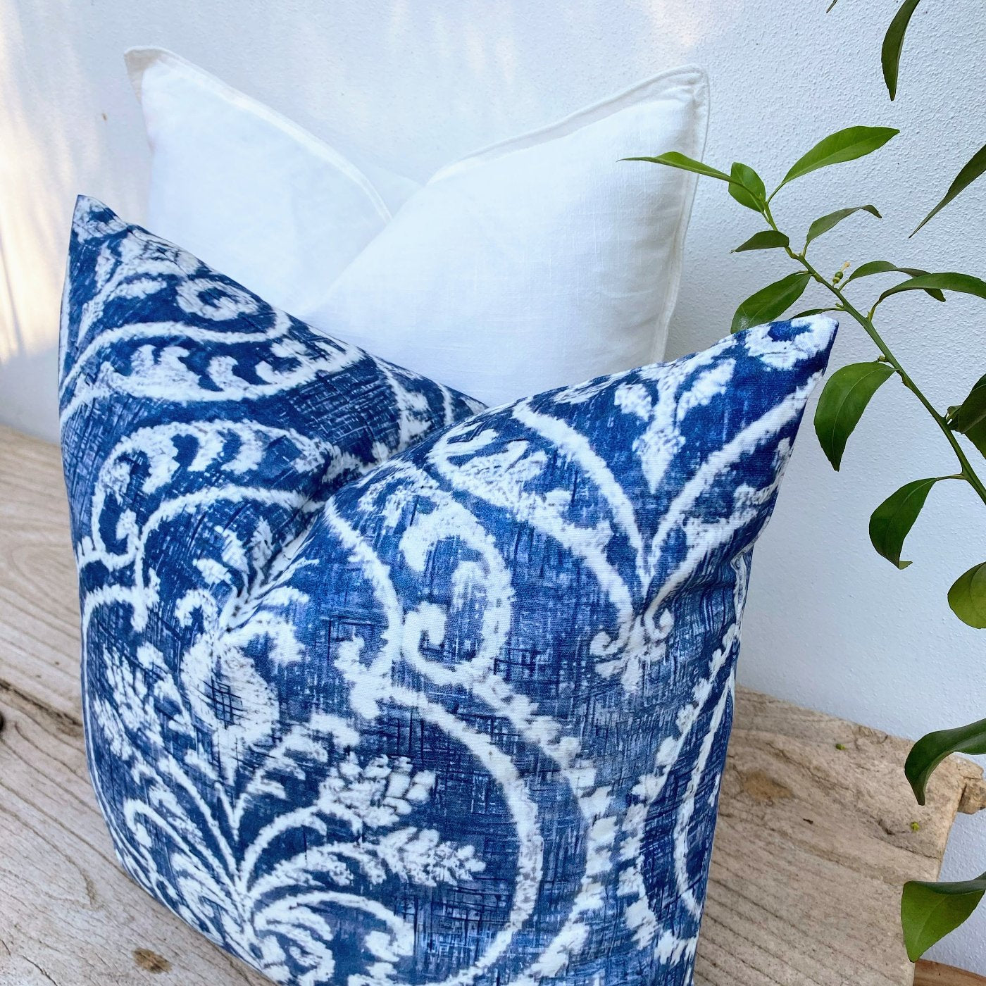 Set of 2 Boho Damask Floral Navy Blue and White Cushions