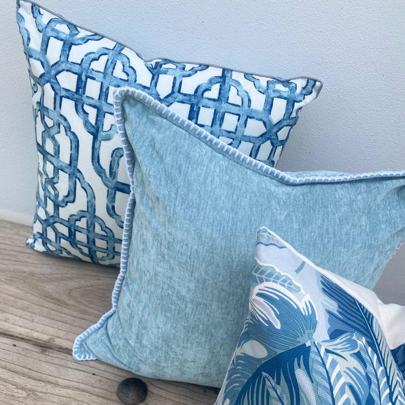 Set of 3 Palm Light Blue and Teal Cushions