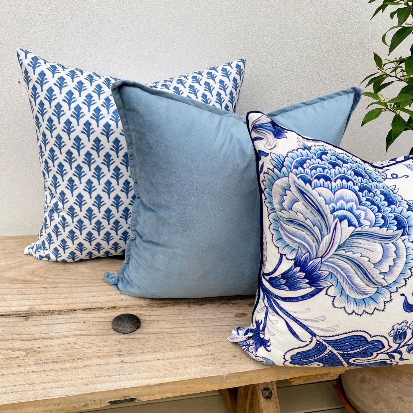 Set of 3 Blue and White Patterned Floral Cushions