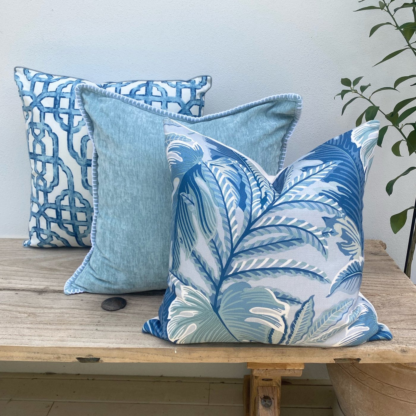 Set of 3 Tropical Palm Light Blue Cushions