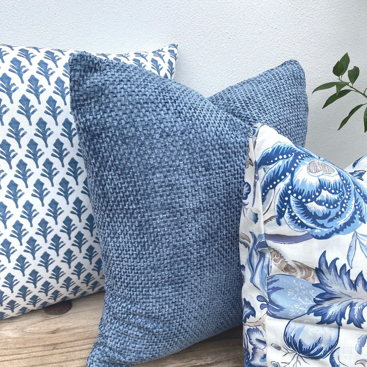 Set of 3 Blue and White Patterned Tropical Cushions